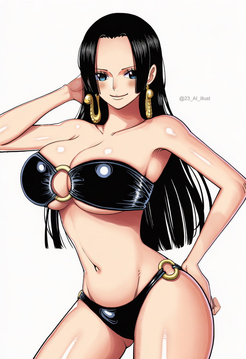 1girls, 23 ai illust, ai generated, artist name, big ass, big breasts, bikini, black bikini, black hair, black-haired female, blue eyes, blush, boa hancock, breasts, female, female only, jewelry, large hips, long hair, looking at viewer, manga style, one piece, seductive, sexy, white background