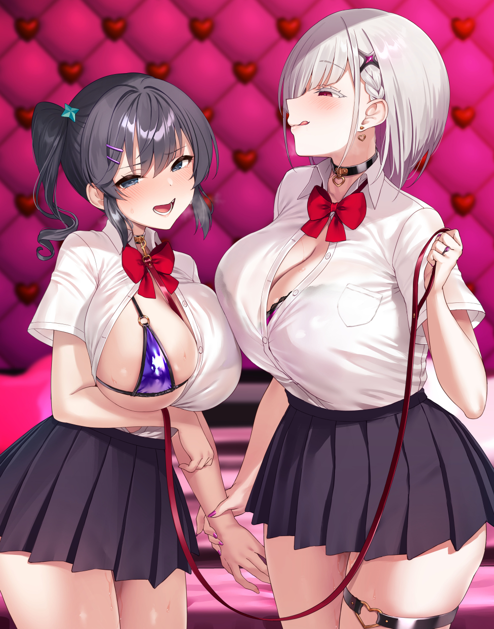 :q, 2girls, bikini, black choker, black hair, blue bikini, blue eyes, blush, bow, bowtie, bra, bra visible through clothes, breasts, choker, cleavage, collar, corrupted, cute fang, dark magical girl, dark persona, defeated heroine, dress shirt, earrings, female, female only, femdom, femsub, genderswap (mtf), grabbing another's arm, hair ornament, heart, heart earrings, highres, holding, holding another's wrist, holding leash, hug, huge breasts, jewelry, large breasts, latex, latex bra, leash, leash and collar, lezdom, licking lips, long hair, lumiphonia, lumirage, medium hair, microskirt, multiple females, multiple girls, natsume kaoru, open clothes, open mouth, original, oshimizu selen, oshimizu seren, otome ginsei lumiphonia, pale skin, pink bra, pink nails, pleated skirt, purple nails, pussy, pussy juice, red bow, red bowtie, red eyes, ring, rule 63, satin, satin bra, satou kuuki, school uniform, schoolgirl, schoolgirl uniform, shirt, short hair, side ponytail, skindentation, skirt, slutty, smile, star (symbol), star hair ornament, sweat, swimsuit, tearing up, thigh strap, underwear, vanishing reality (satou kuuki), white hair, white shirt, yuri