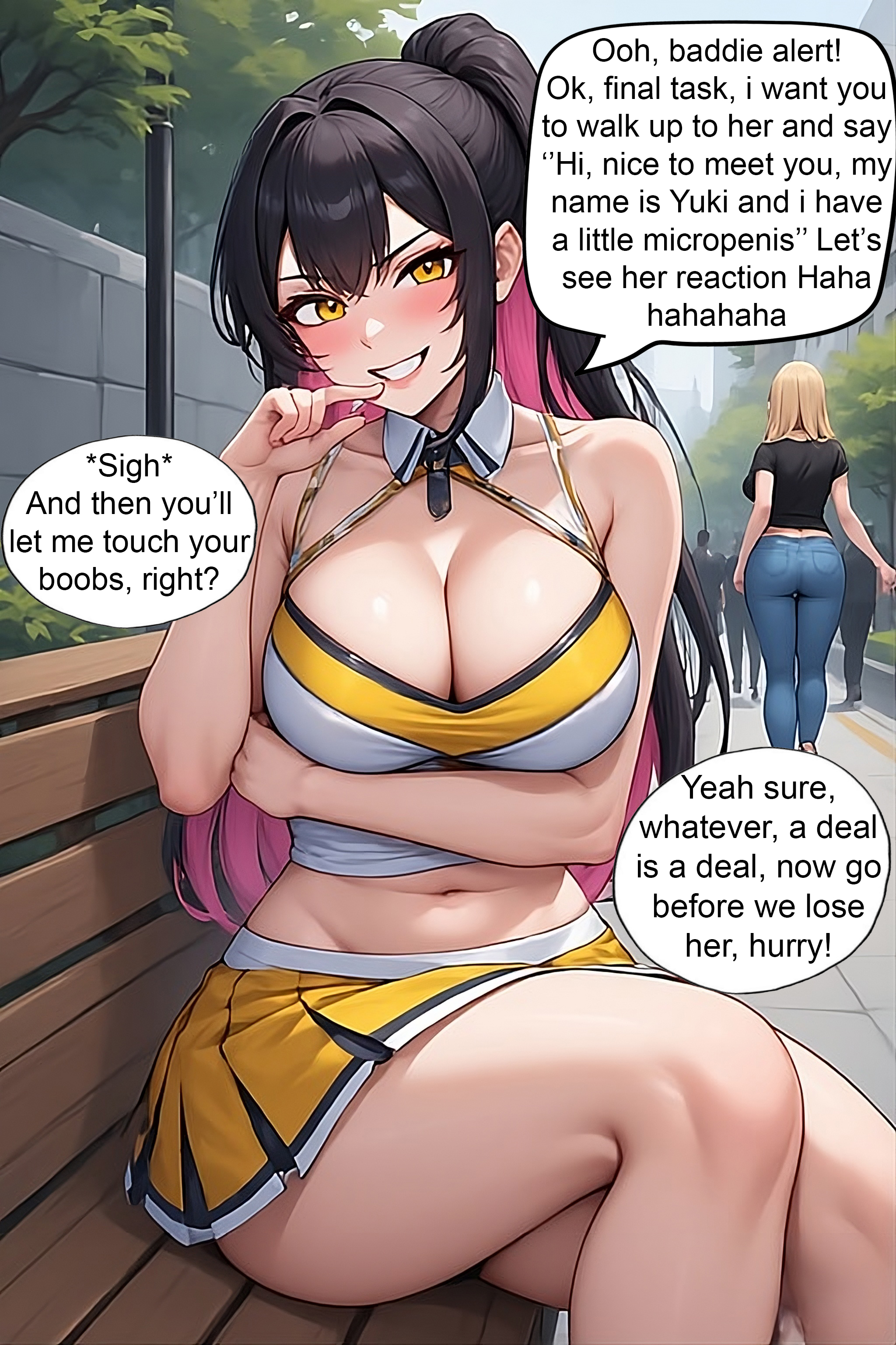 2girls, ai generated, arm under breasts, ass, assertive, assertive female, bangs, bellybutton, bench, big ass, big breasts, black and pink hair, black shirt, blonde female, blonde hair, blonde-haired female, blue sky, blush, blushing at viewer, blushing female, breasts, cheerleader, cheerleader outfit, cheerleader uniform, cleavage, clothed, clothed female, dark hair, deal, dominant, dominant female, domination, dyed hair, female, female focus, femdom, fully clothed, fully clothed female, golden eyes, humiliating, humiliation, jeans, light skin, light-skinned female, long hair, looking at another, looking at viewer, male, outdoors, outside, ponytail, sitting, sitting on bench, sky, smile, smiling, smiling at viewer, smiling female, smirk, smirking, smirking at viewer, speech bubble, sph, submissive, talking to another, talking to viewer, teeth, teeth showing, thighs, tree