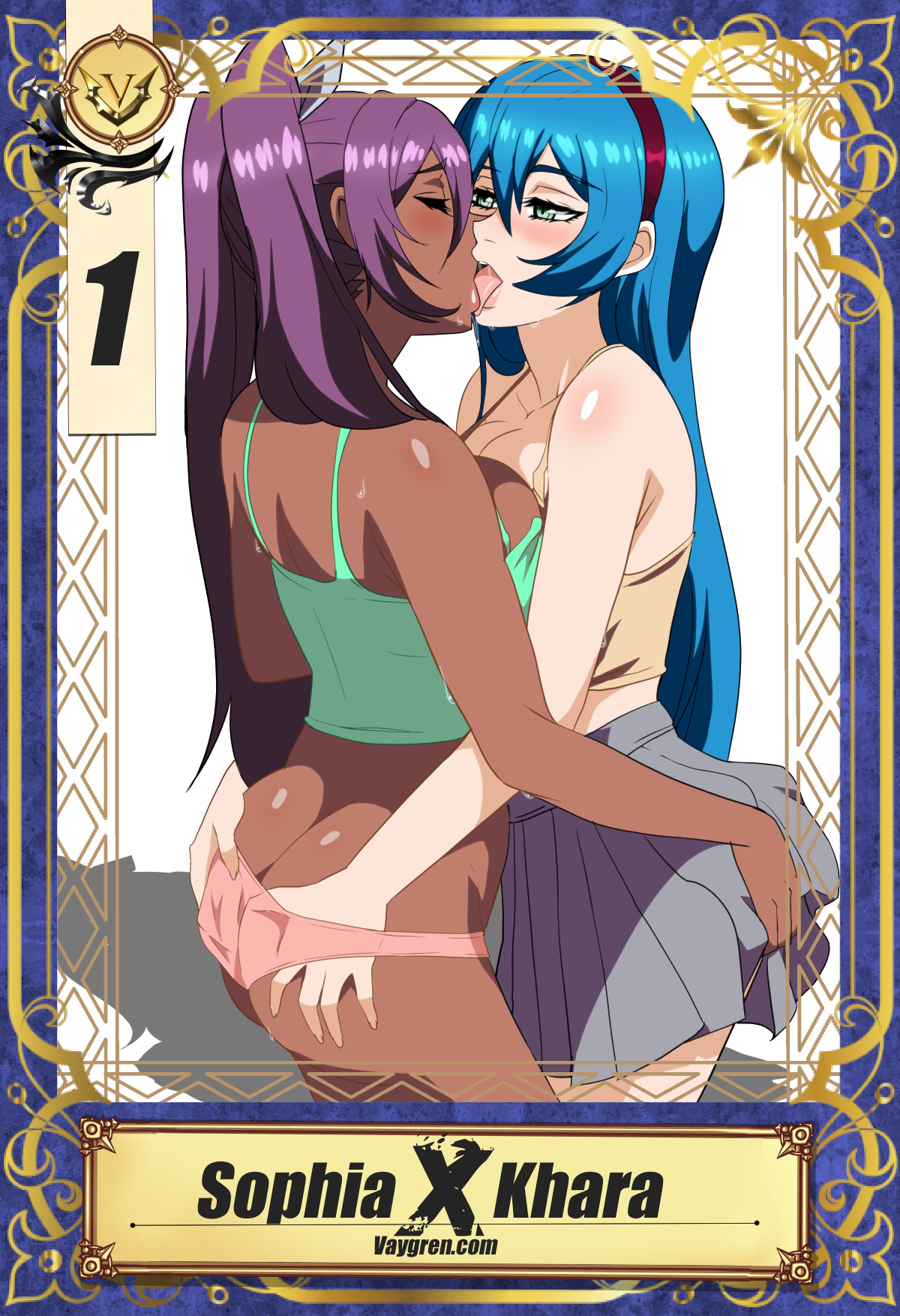 2girls, ass, ass grab, bare arms, blue hair, blush, breasts, cleavage, closed eyes, cyberunique, dark skin, dark-skinned female, female, female only, green eyes, grey skirt, hairband, half-closed eyes, highres, human, interracial, kissing, large breasts, light skin, light-skinned female, long hair, looking at another, multiple females, multiple girls, mutual yuri, panties, pink panties, pleated skirt, purple hair, red hairband, shiny, shiny hair, shiny skin, skirt, standing, sweat, tank top, tongue, tongue out, twintails, yuri