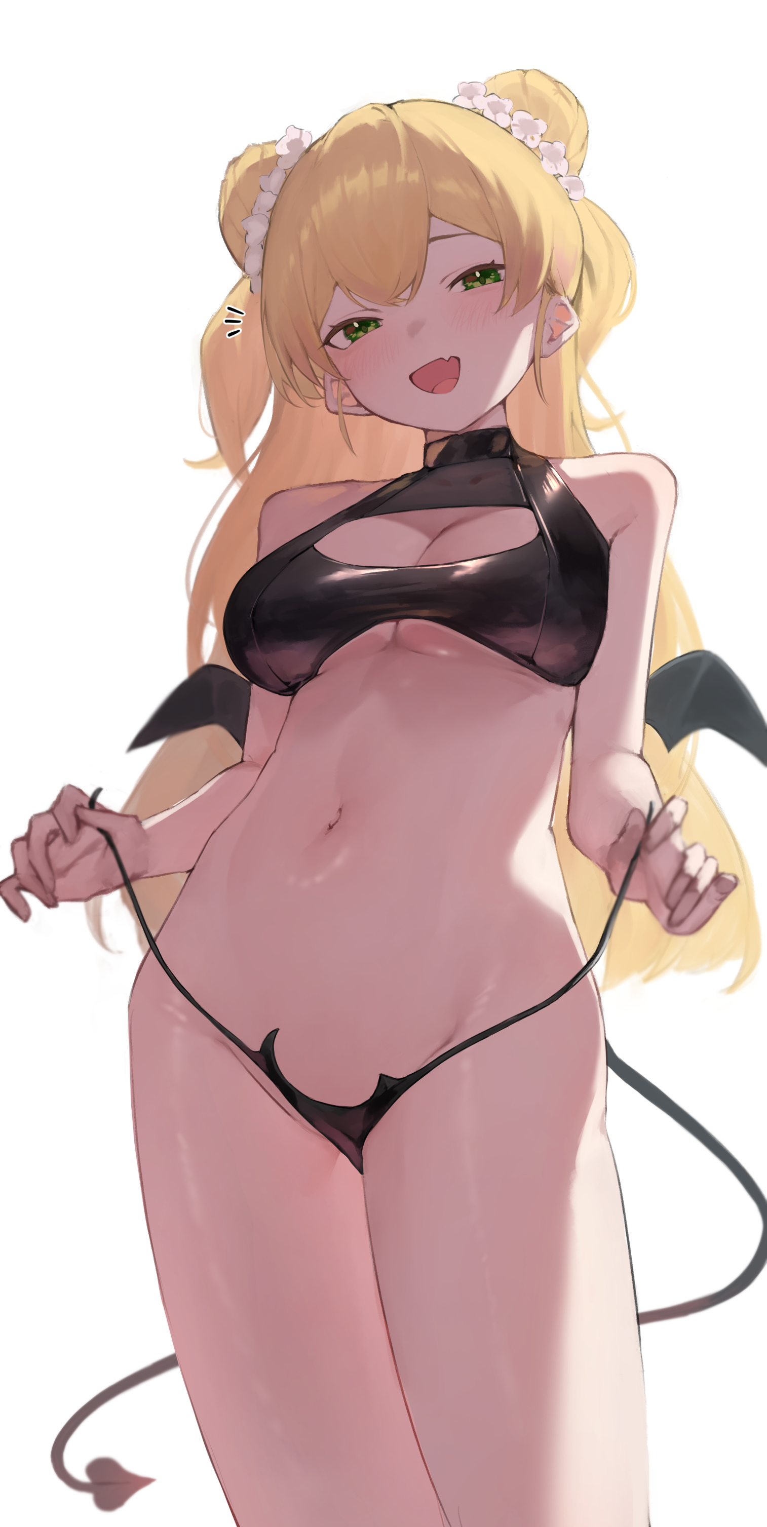 1girls, bare shoulders, bat wings, belly button, bikini, blush, bra, breasts, demon tail, female, female focus, female only, green eyes, hololive, lingerie, looking at viewer, momosuzu nene, navel, open mouth, panties, smile, standing, stomach, theflatfacadeds, thighs, tight clothing, underwear, virtual youtuber, yellow hair