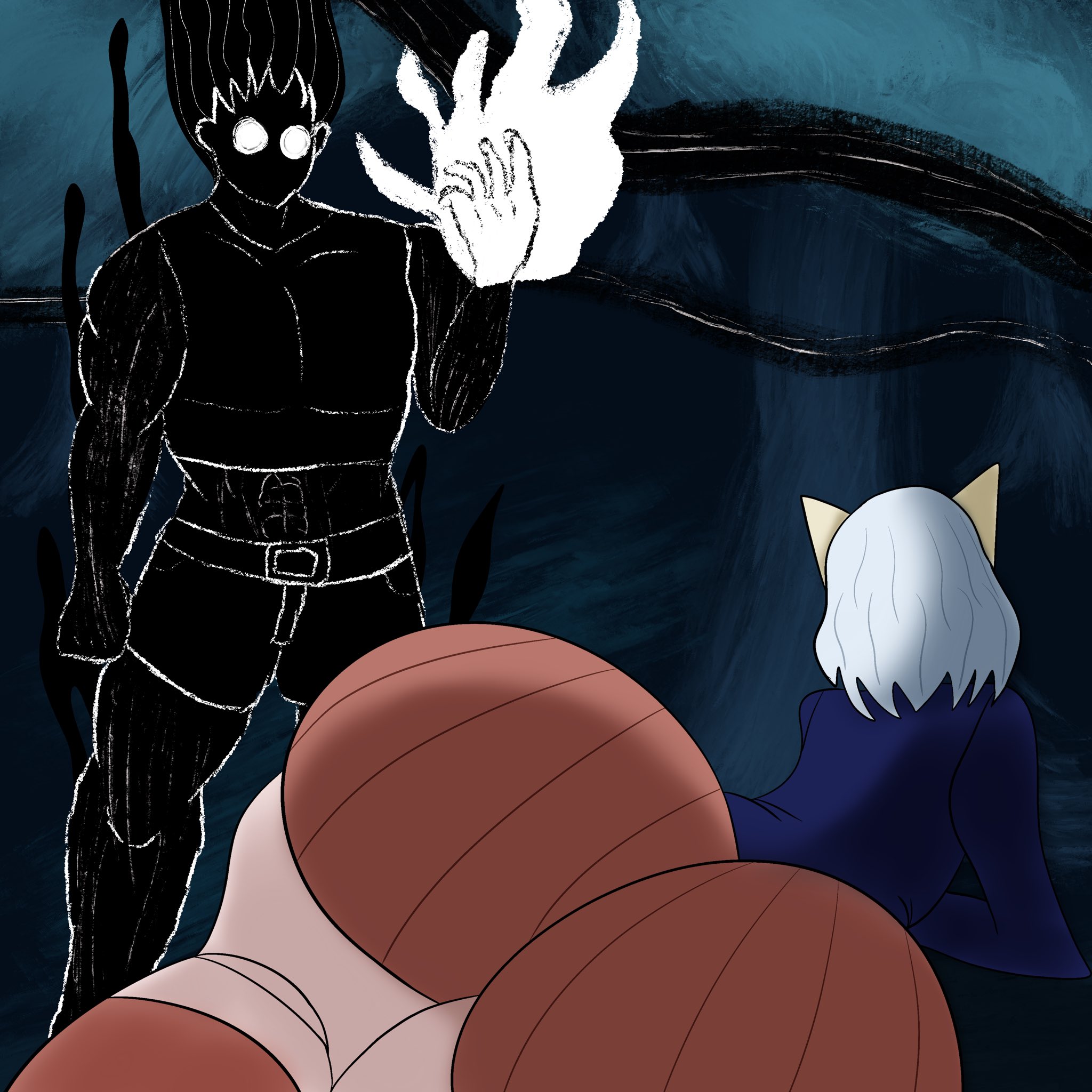 1boy, 1girls, adult gon, ass, big ass, cat ears, cat girl, curvydoodles, female, gon freecss, huge ass, hunter x hunter, imminent death, male, meme, menacing, muscular, muscular male, neferpitou, rogue dat ass (meme), thick thighs