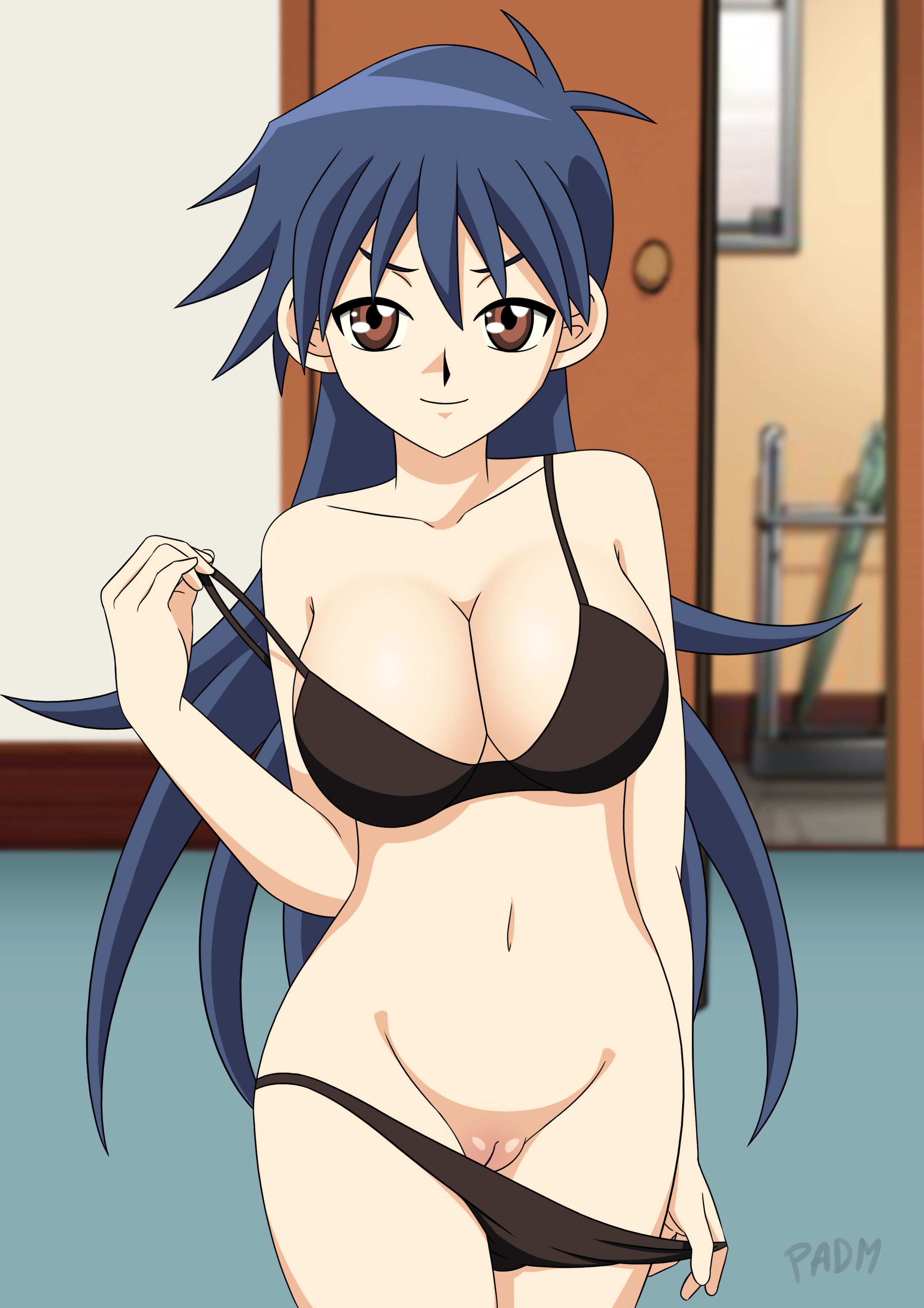 1girls, absurd res, aged up, alternate breast size, artist name, big breasts, black bra, black clothes, black panties, black underwear, blair flannigan, blue hair, bra, breasts, brown eyes, cleavage, cleft of venus, clothes pull, clothing, cowboy shot, door, female, hi res, high resolution, indoors, large breasts, lingerie, long hair, looking at viewer, navel, padm, pantsu, panty pull, pinup, portrait, pulled by self, pussy, seductive, signature, smile, solo, standing, tagme, uncensored, underwear, underwear only, underwear pull, undressing, vagina, very high resolution, watermark, yu-gi-oh!, yu-gi-oh! gx