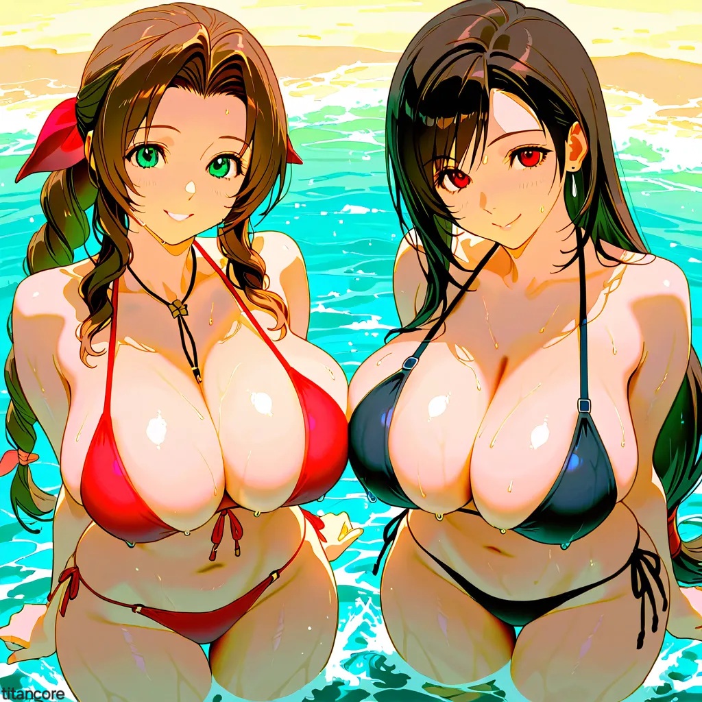 (titancore), adult, aerith gainsborough, ai generated, beach, bikini bottom, bikini top, black hair, breasts, brown hair, curvy figure, female, final fantasy, final fantasy vii, green eyes, huge breasts, long hair, playing, ponytail, red eyes, ribbon in hair, seaside, sexy body, splashing, splashing water, sweatdrop, teasing viewer, tifa lockhart, video game character, water, wet body, wet skin