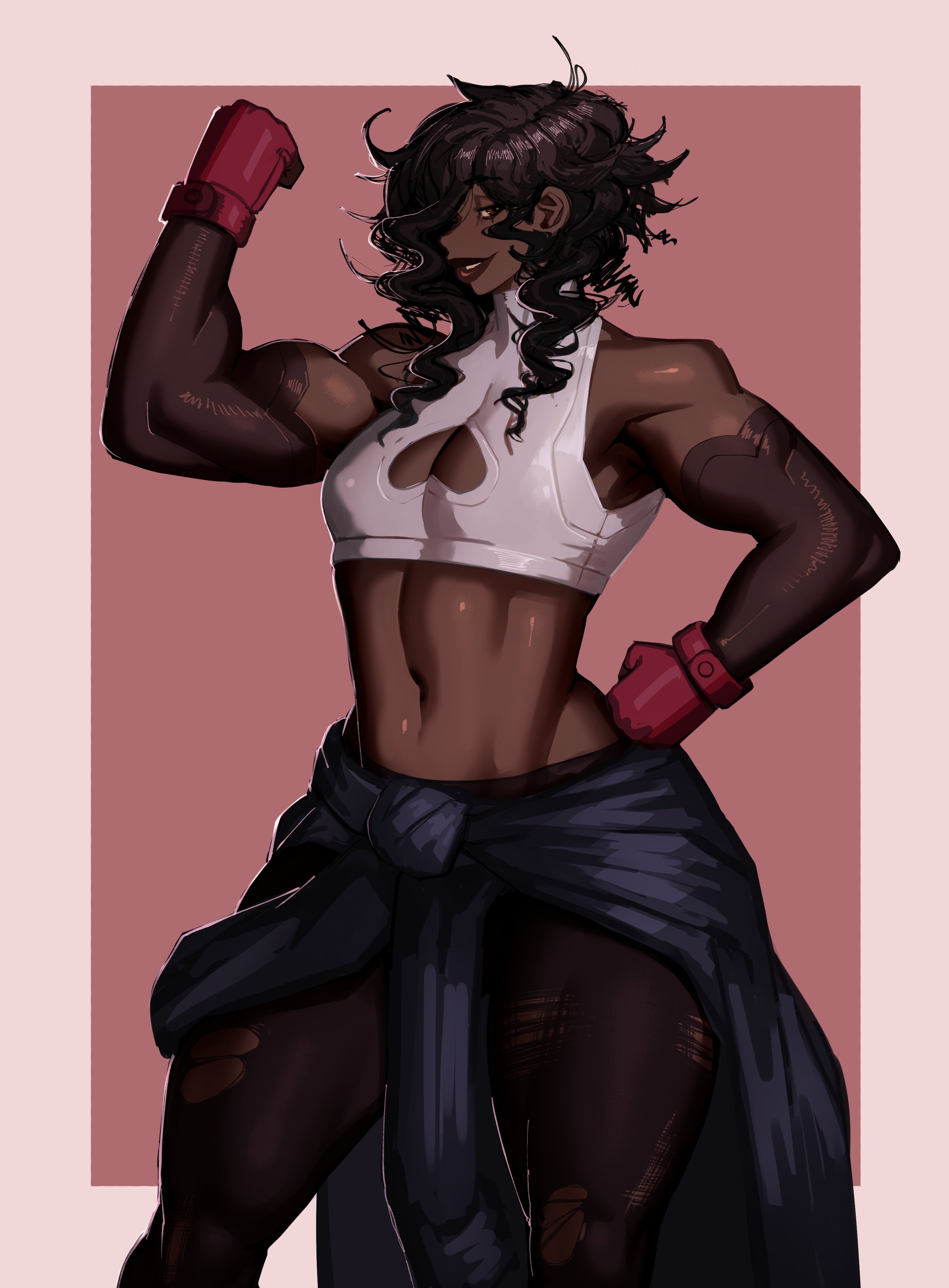 1boy, 2d, ambush (trap), axred7, boob window, boxing gloves, brown hair, cleavage cutout, clothed, clothed male, color, crop top, dark hair, dark skin, dark-skinned femboy, dark-skinned male, femboy, femboysub, fit, fit femboy, fit male, flat stomach, flexing, flexing bicep, grin, grinning, grinning at viewer, hand on hip, leggings, male, male only, muscles, muscular, muscular arms, muscular legs, muscular male, muscular thighs, non-nude, original, ripped clothing, ripped leggings, ripped pants, simple background, solo, solo male, sweater around waist, tank top, toned, toned body, toned male, toned stomach