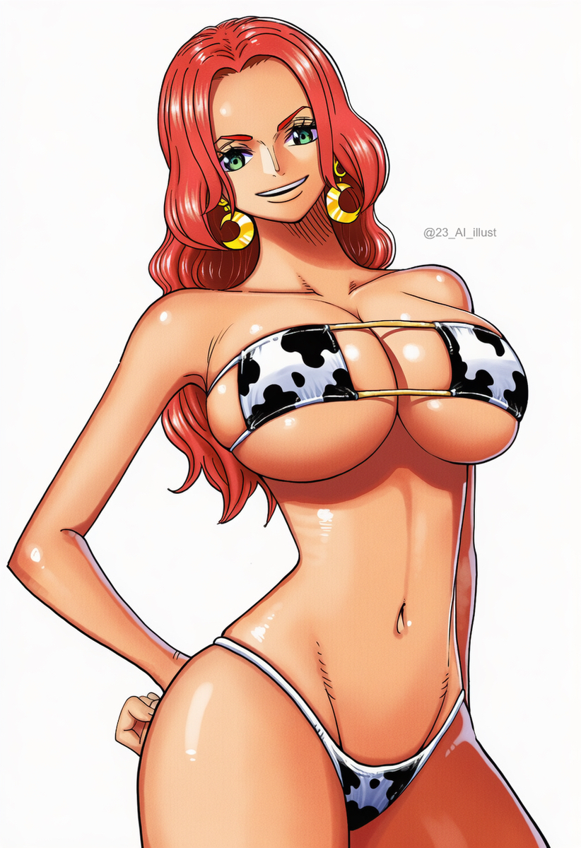 1girls, 23 ai illust, ai generated, artist name, baccarat (one piece), big ass, big breasts, bikini, breasts, cow bikini, female, female only, green eyes, hand on hip, jewelry, large hips, linea alba, long hair, looking at viewer, manga style, one piece, one piece film gold, red hair, red-haired female, seductive, sexy