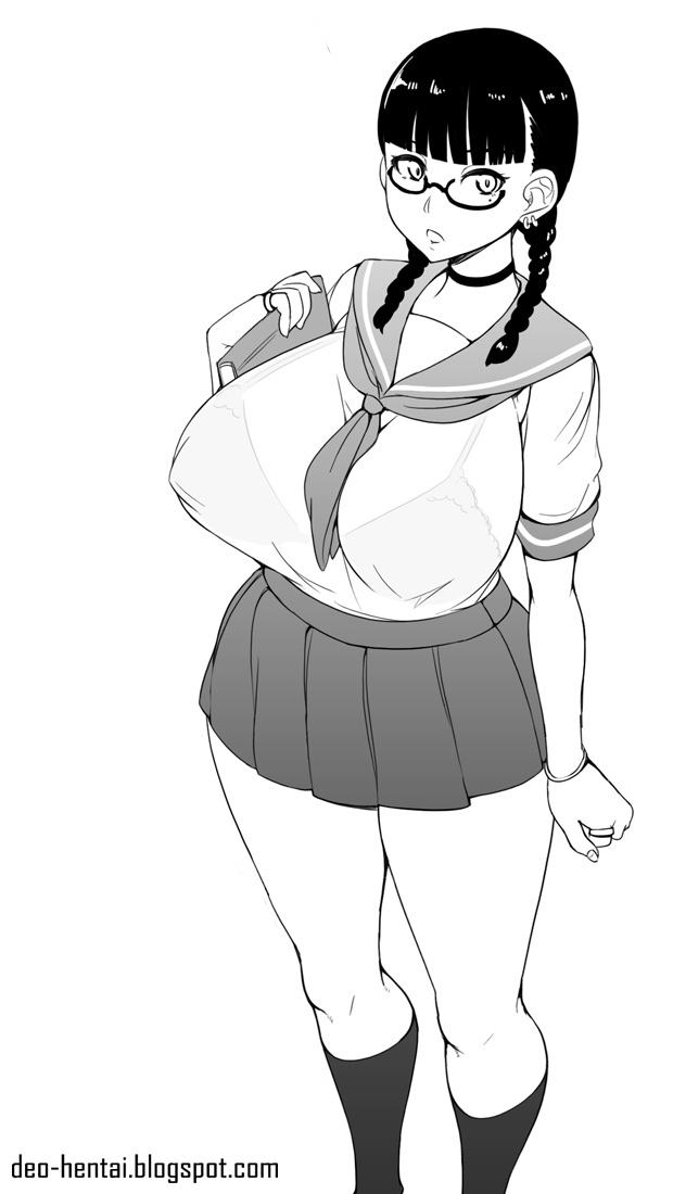 1girls, abubu, big breasts, black hair, black legwear, bra, bra visible through clothes, breasts, ear piercing, earrings, female, female only, glasses, huge breasts, monochrome, nipple bulge, school uniform, schoolgirl, see-through, skirt, solo, standing, twin braids