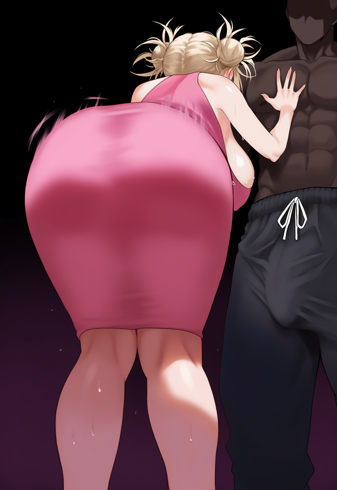1boy, 1girls, ai generated, blonde hair, boku no hero academia, boner, breasts, coomersucc, dark skin, dark-skinned male, fat ass, female, huge ass, huge breasts, huge cock, interracial, large breasts, male, muscular, muscular male, my hero academia, pathetic male, penis, thick thighs, tight clothing, toga himiko