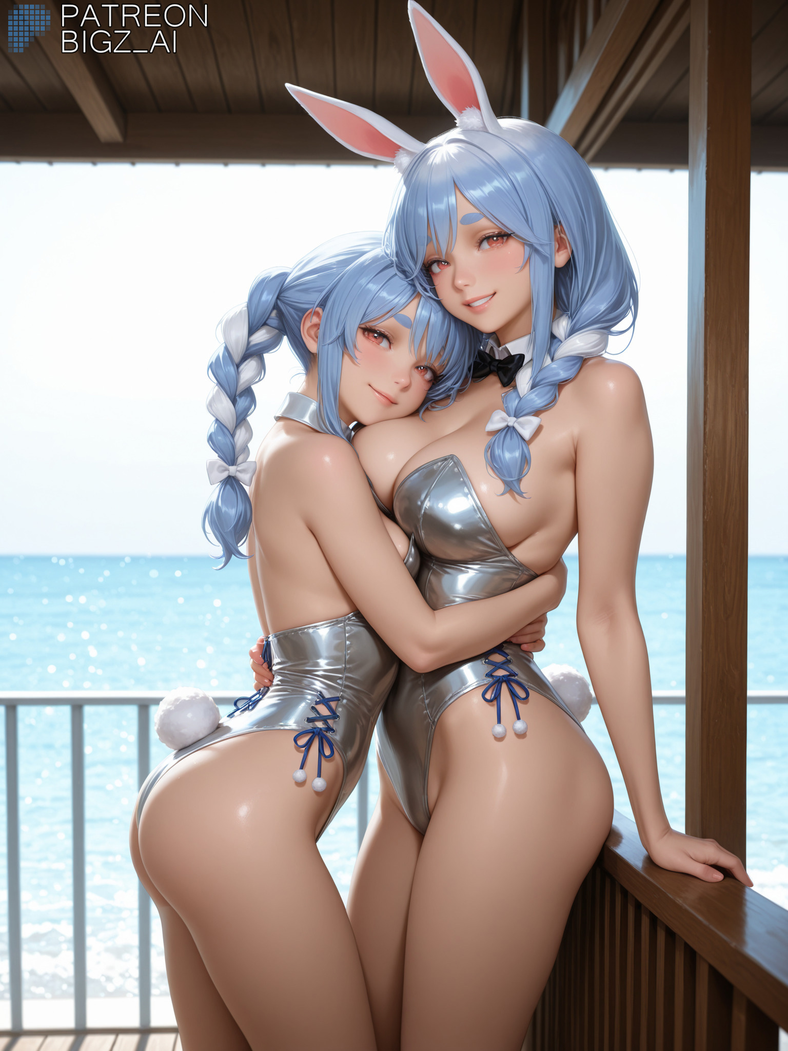 1girls, 2girls, absurd res, age difference, ai generated, artist name, ass, beach, belly, big ass, big breasts, bigz ai, blue hair, braid, breasts, bunny ears, bunny girl, bunnysuit, carrot, cleavage, curvy, curvy figure, daughter, female, female only, head on breasts, highres, hololive, hololive fantasy, hololive japan, hug, huge breasts, hugging, large ass, large breasts, latex, light skin, light-skinned female, long hair, looking at viewer, medium breasts, milf, mother, mother and daughter, pekomama, side view, small breasts, smile, twin braids, usada pekora, virtual youtuber, white hair, wide hips, yellow eyes, yuri
