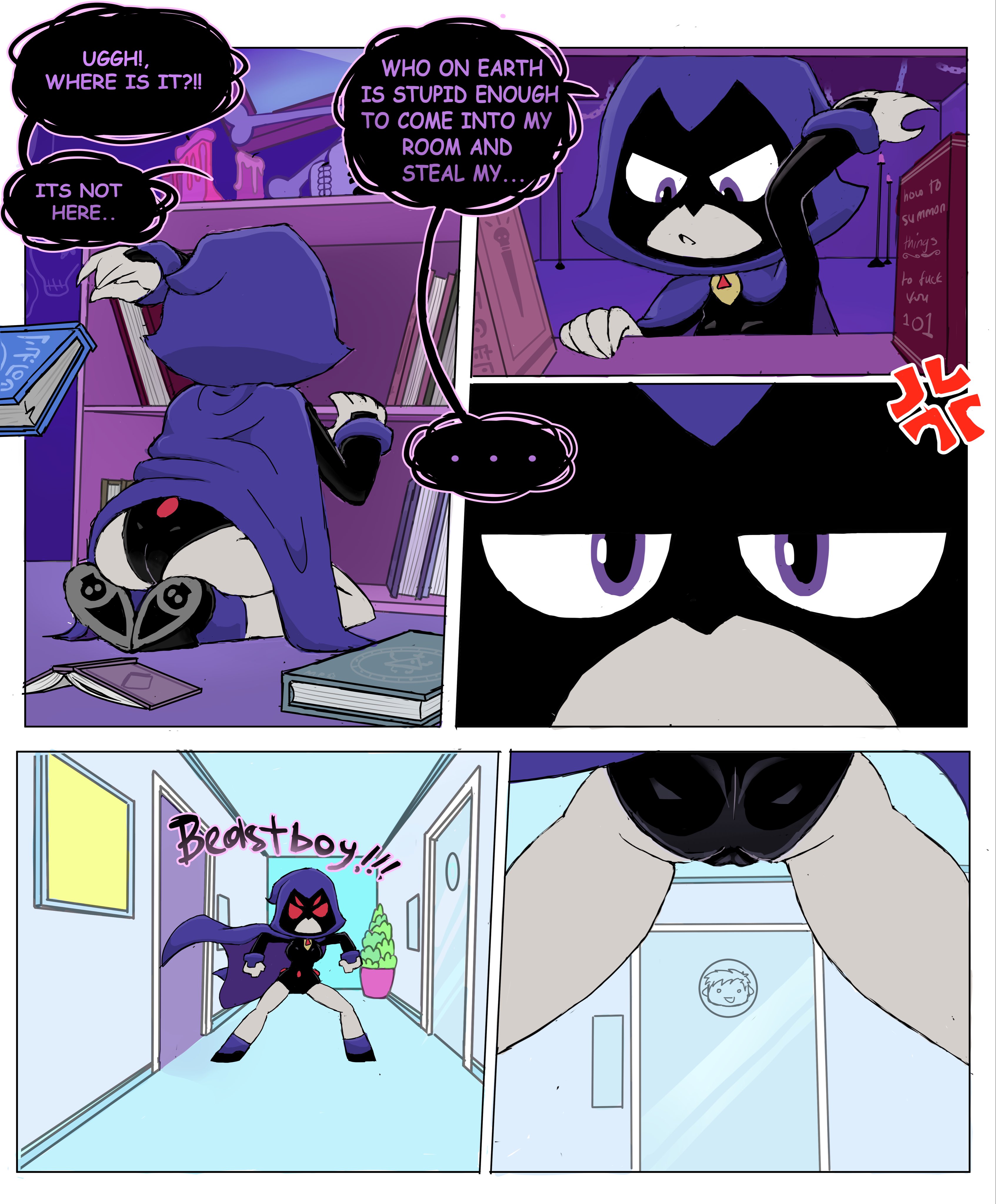 1girls, 5koma, ass, baecohn, bodysuit, cameltoe, cloak, clothing, comic, dc, dc comics, female, footwear, grey skin, human, indoors, outdoors, page 1, pale skin, rachel roth, raven (dc), raven (teen titans go!), searching, teen titans, teen titans go