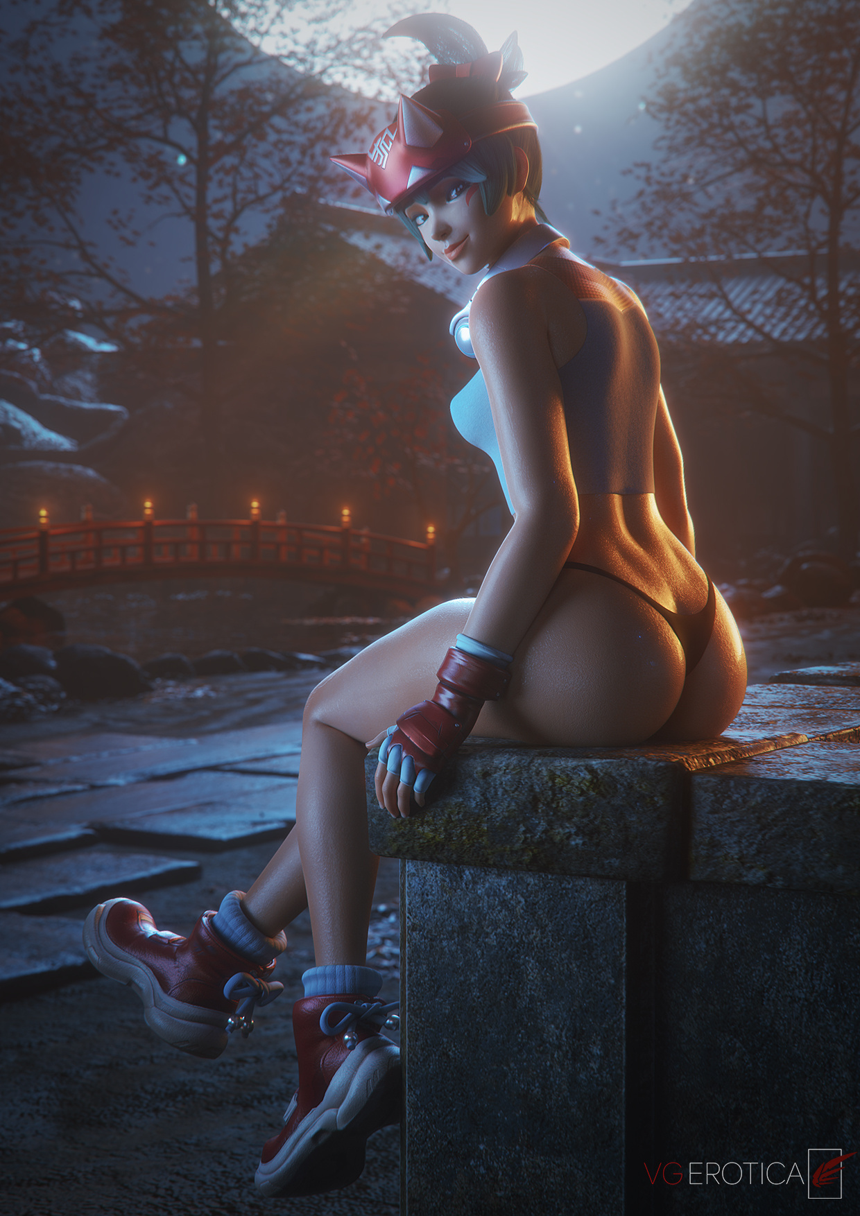 1girls, 2025, 3d, 3d (artwork), asian, asian female, ass, big ass, black panties, black thong, blender, blizzard entertainment, bubble ass, bubble butt, detailed background, face markings, facial markings, female, female focus, female only, headband, headphones, headwear, hi res, highres, japanese, japanese female, kiriko (overwatch), kiriko kamori, looking at viewer, looking back, overwatch, panties, pose, posing, shirt, showing off, sitting, sunlight, sunset, tank top, thick ass, thick thighs, thong panties, underwear, vgerotica, watermark