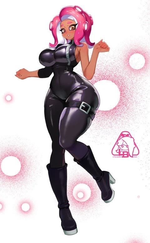 agent 8 (splatoon), breasts, female, full body, fully clothed, large ass, large breasts, leather, little blood, looking at viewer, octoling, octoling girl, splatoon, splatoon (series), tight clothing, wide hips