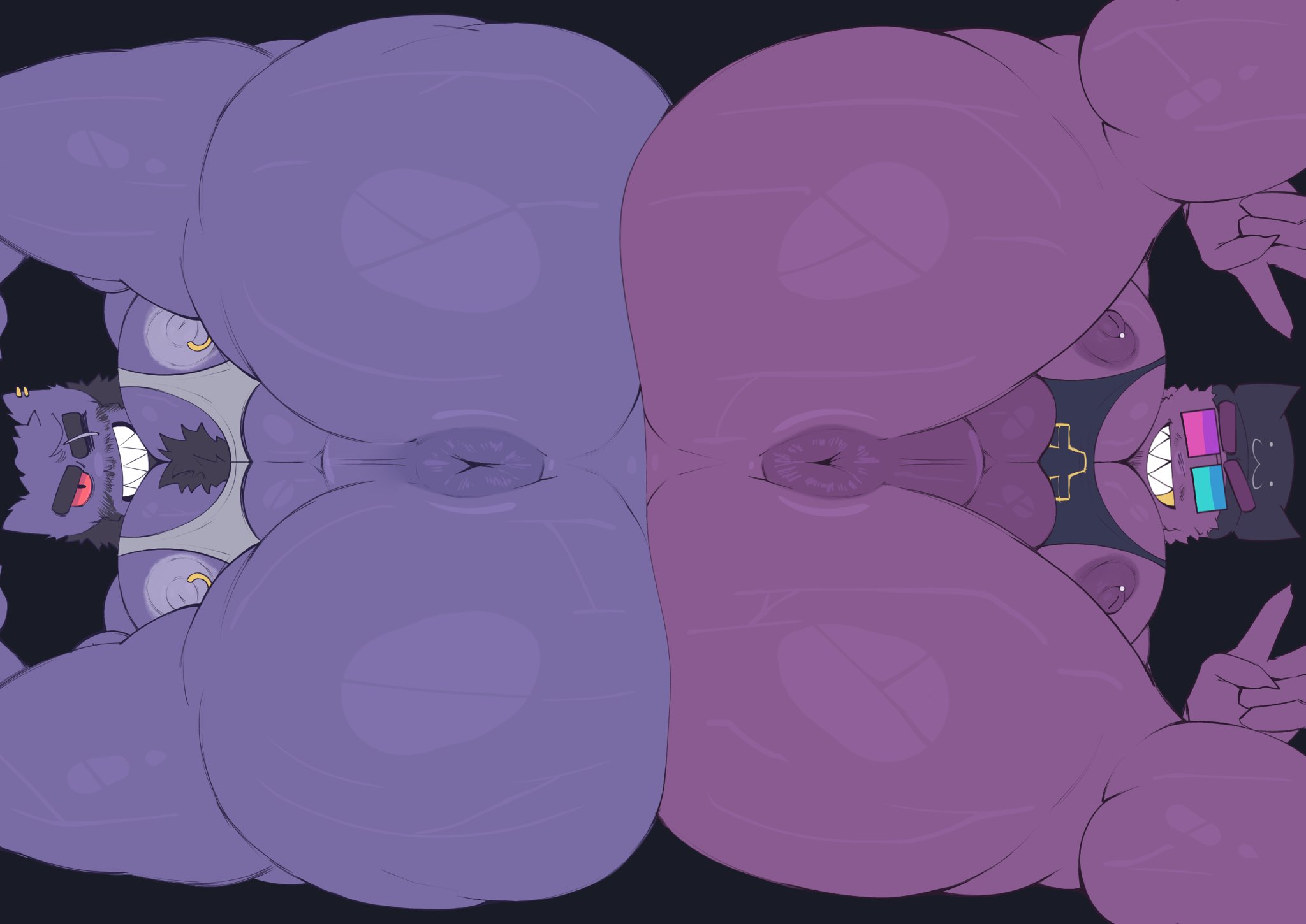 2boys, anus, balls, bara, gay, gengar, huge ass, huge butt, huge moobs, male, mentholplug, nipple piercing, nipples, original characters, pierced nipples, puffy anus, showing ass, showing off, showing off ass, tank top, yaoi