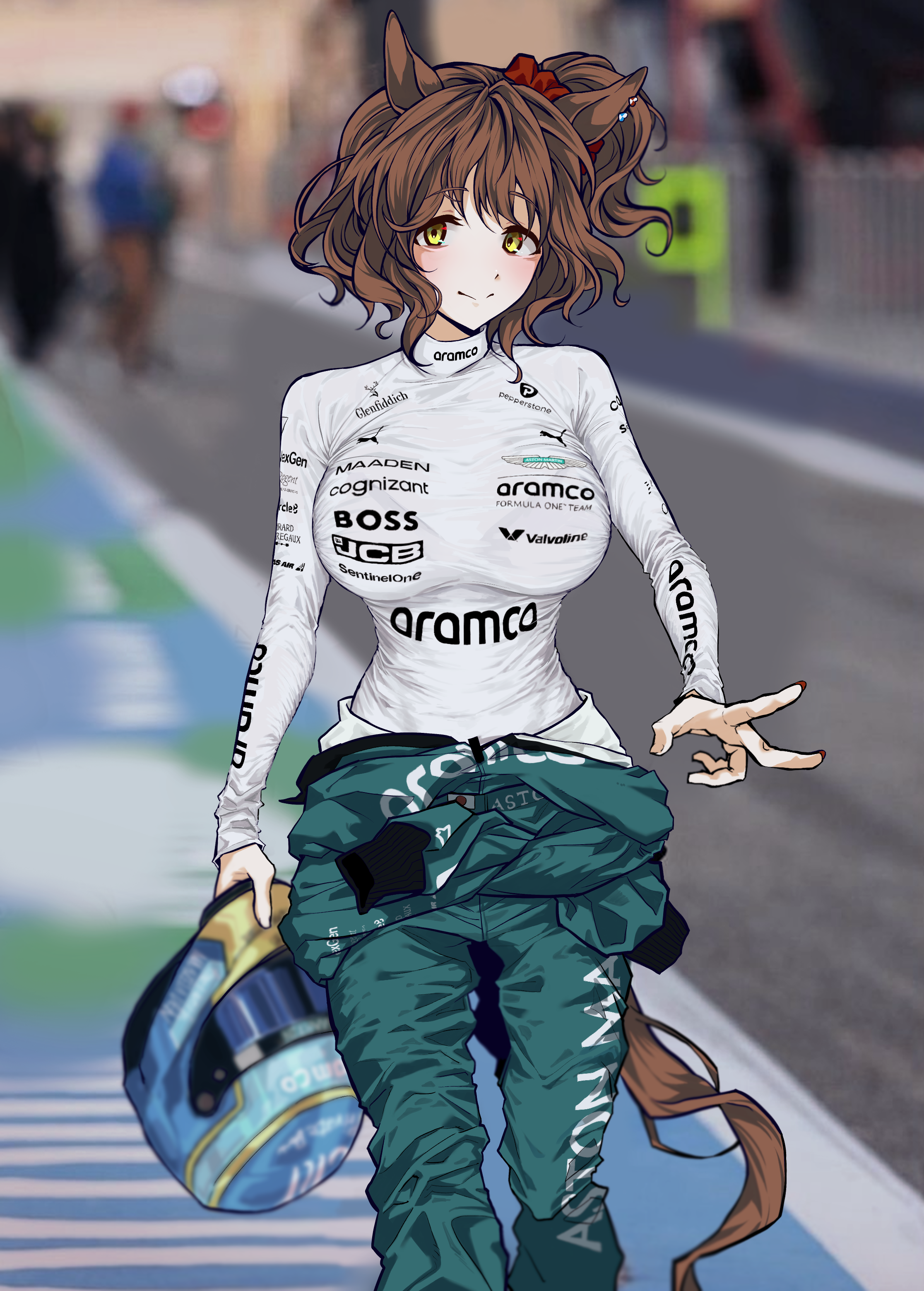 absurdres, alternate costume, animal ears, aramco, aston machan (umamusume), aston martin, aston martin aramco-mercedes, blurry, blurry background, brown hair, cygames, female, formula 1, formula one, hair ornament, hair scrunchie, helmet, highres, holding, holding unworn helmet, horse ears, horse girl, horse tail, jumpsuit, long sleeves, looking at viewer, one side up, puma (company), racing suit, scrunchie, shironism, shirt, solo focus, sponsor, tail, umamusume, umamusume pretty derby, unworn headwear, unworn helmet, v, white shirt, yellow eyes
