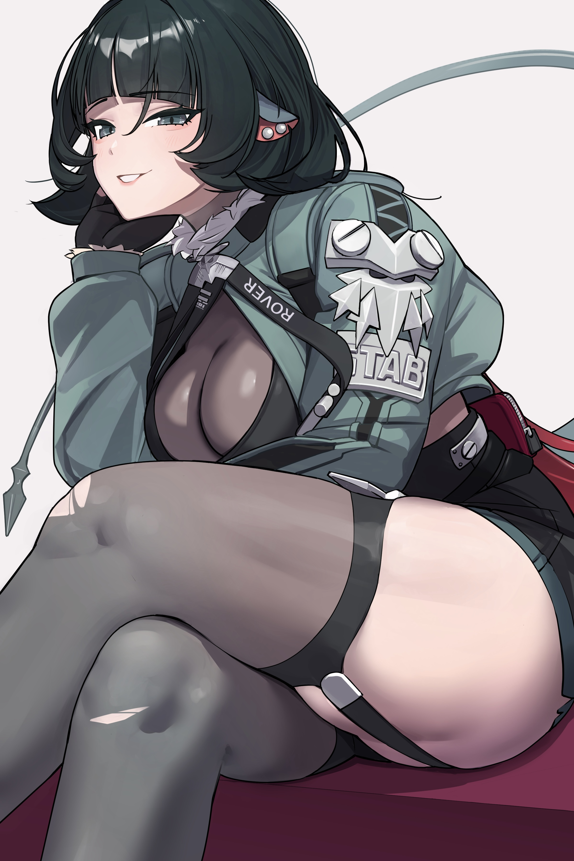 1girls, absurdres, animal ears, black hair, black pantyhose, black shorts, black thighhighs, breasts, cleavage, commentary, crop top, crossed legs, earrings, female, female only, green eyes, green jacket, grey background, highres, jacket, jane doe (zenless zone zero), jewelry, large breasts, looking at viewer, mouse ears, mouse girl, mouse tail, mushioicharax, pantyhose, see-through cleavage, see-through clothes, short shorts, shorts, simple background, single leg pantyhose, single thighhigh, solo, tail, thick thighs, thighhighs, thighs, torn clothes, torn pantyhose, torn thighhighs, zenless zone zero