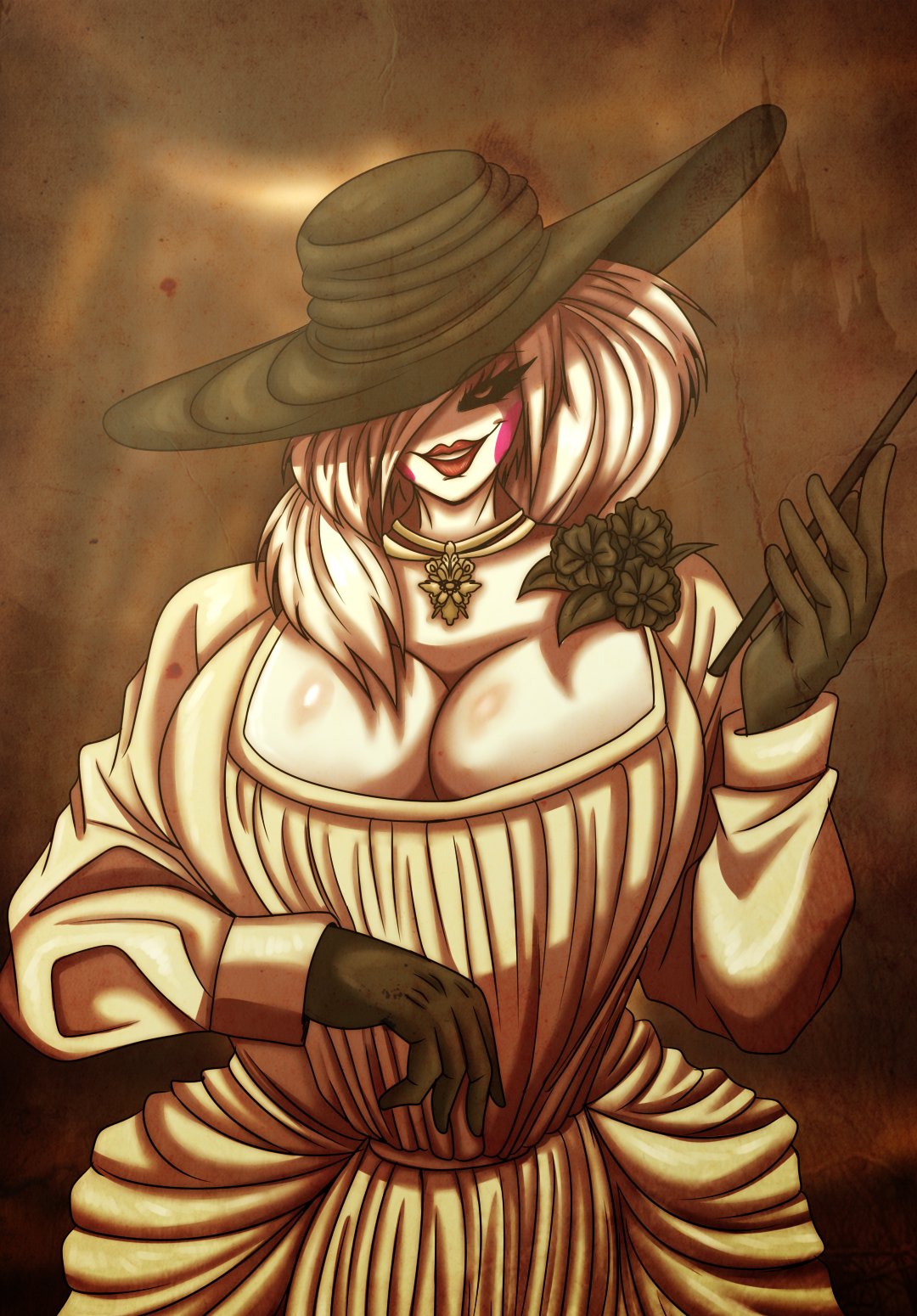 1girls, alcina dimitrescu (cosplay), breasts, clothed, elronnyx, female, female only, five nights at freddy's, five nights in anime, five nights in anime rx, fnia, halloween, hat, makeup, marionette (fnaf), massive breasts, puppet (fnaf), puppet (fnia), resident evil, resident evil 8: village, smiling at viewer, smug, solo, tagme