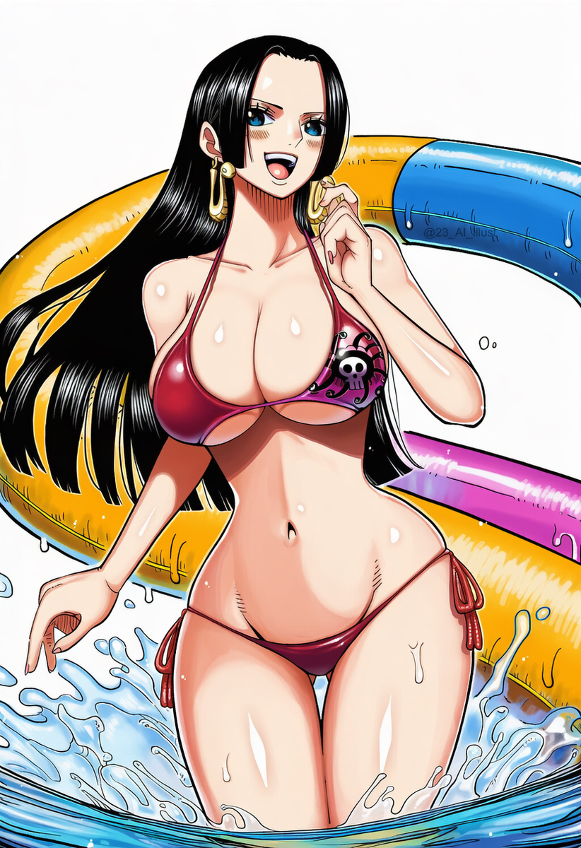 1girls, 23 ai illust, accurate art style, ai generated, artist name, big ass, big breasts, bikini, black hair, black-haired female, blue eyes, blush, boa hancock, breasts, female, female only, jewelry, large hips, linea alba, long hair, looking at viewer, manga style, one piece, red bikini, seductive, sexy, solo, swimming pool, water, white background