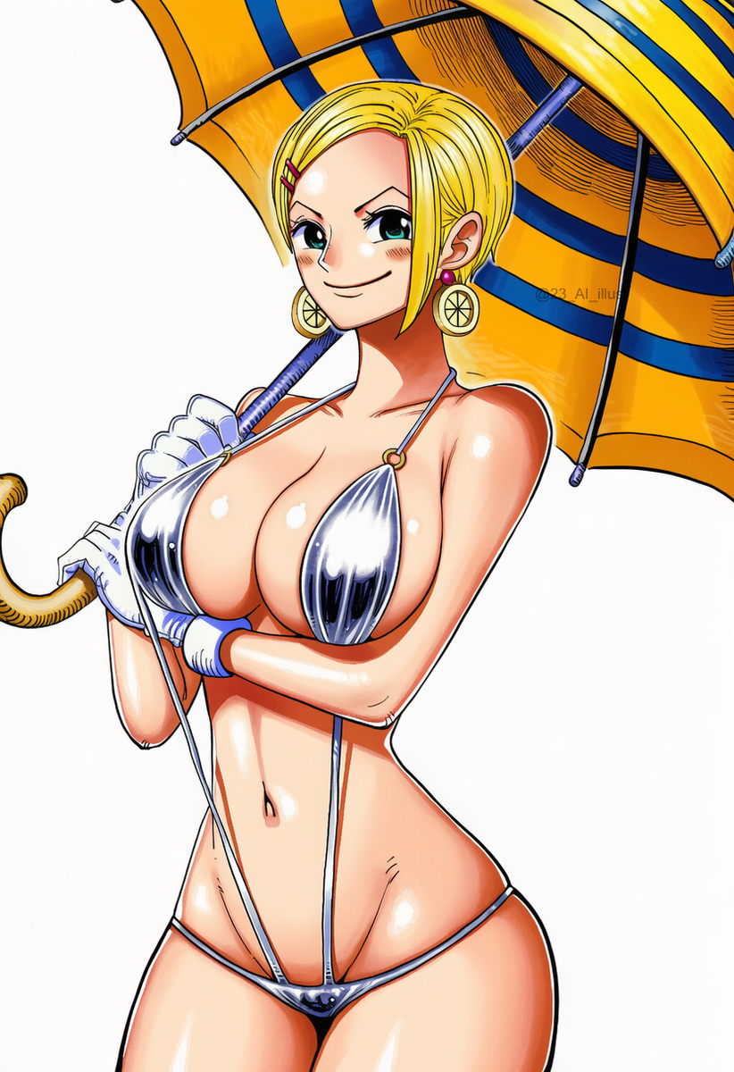 1girls, 23 ai illust, ai generated, artist name, big ass, big breasts, blonde hair, blonde-haired female, blush, breasts, female, female only, green eyes, jewelry, large hips, linea alba, looking at viewer, manga style, mikita (one piece), miss valentine, monokini, one piece, seductive, sexy, short hair, umbrella, white background