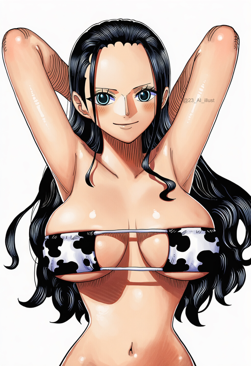1girls, 23 ai illust, ai generated, arms behind head, artist name, big breasts, bikini, black hair, black-haired female, blue eyes, blush, breasts, cow bikini, female, female only, long hair, looking at viewer, manga style, nico robin, one piece, post-timeskip, seductive, sexy