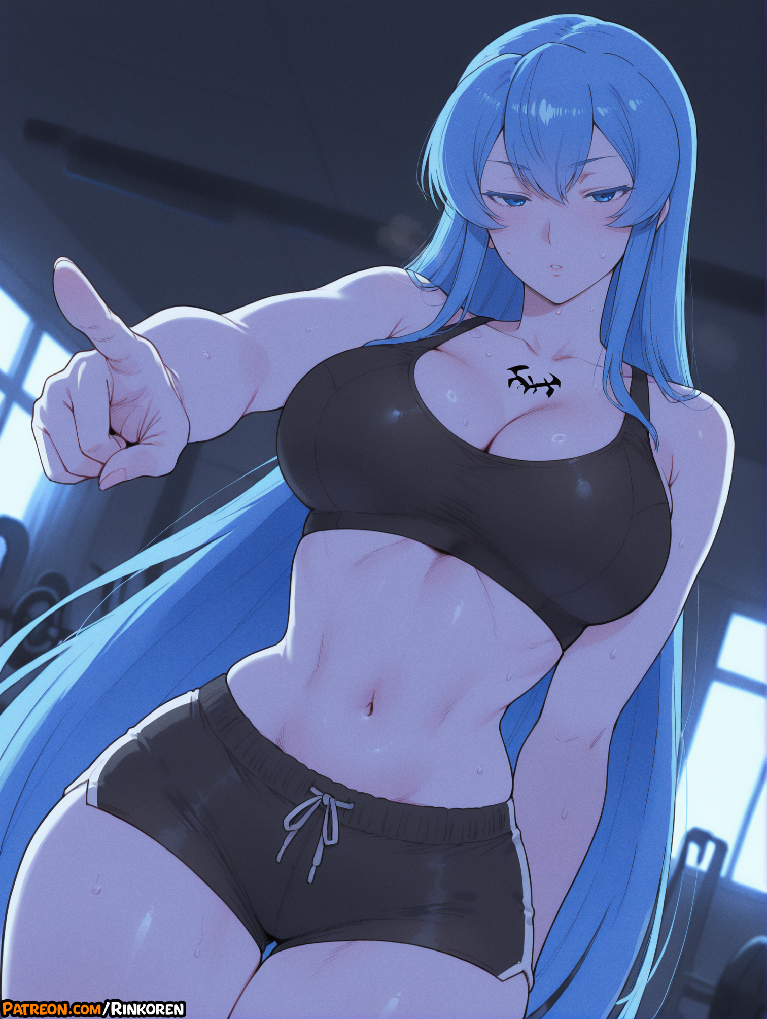 2025, abs, ai assisted, ai generated, akame ga kill!, anime, anime girl, anime style, artist name, bangs, bare shoulders, black shorts, blue eyes, blue hair, blush, breasts, cleavage, collarbone, esdeath, esdeath (akame ga kill!), female, hi res, high quality, high res, high resolution, highres, indoors, large breasts, long hair, looking at viewer, midriff, navel, parted lips, patreon, patreon username, pointing, rinkoai, short shorts, shorts, solo, sports bra, sweat, tattoo, thighs, uncensored, very long hair, watermark