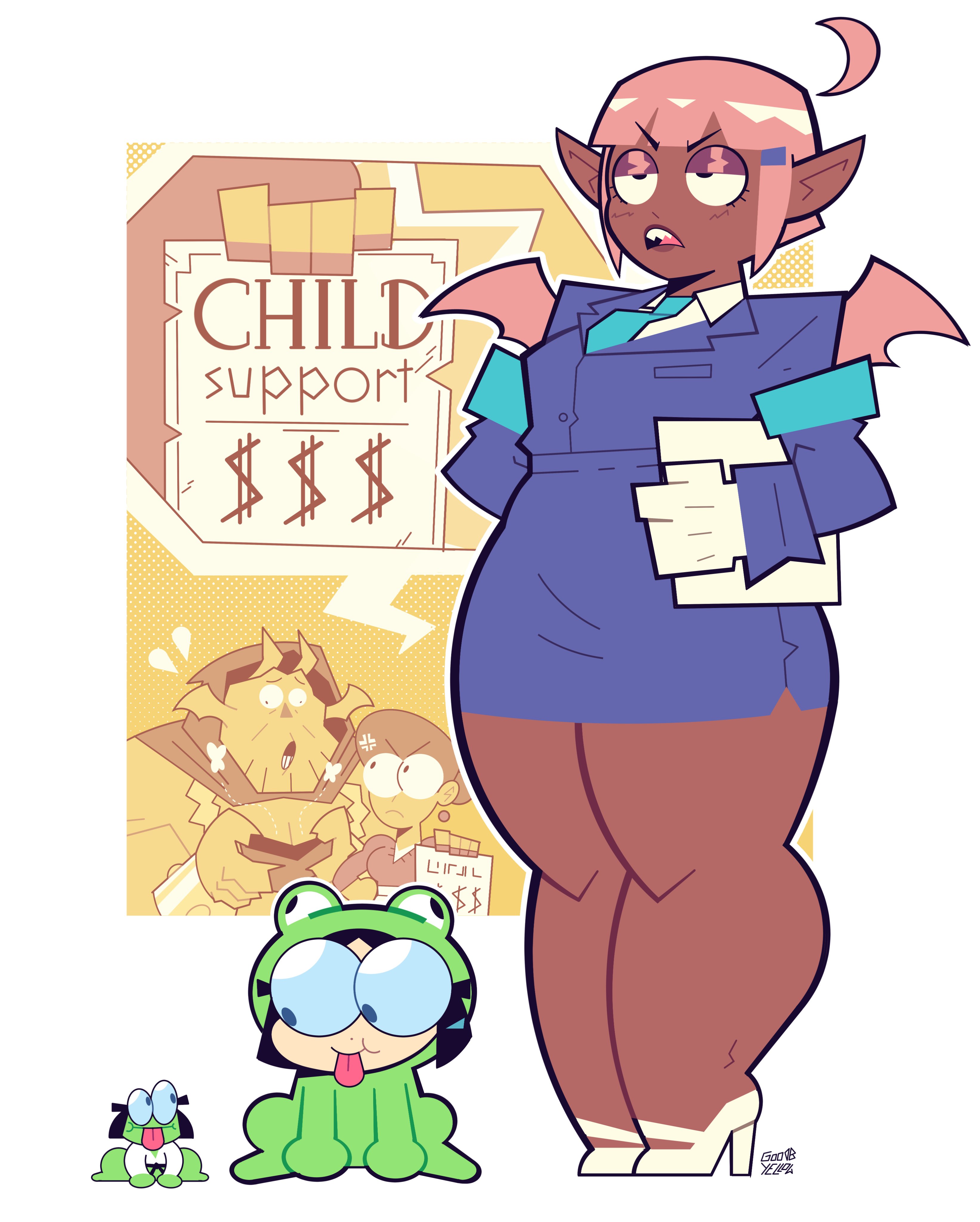 1boy, 2girls, child support paper, coolfrog, coolfrog (punch punch forever!), crossdressing, dark skin, dark-skinned femboy, dark-skinned male, dark-skinned sissy, dark-skinned twink, demon, demon boy, emperor koro, female, femboy, femboy focus, goodbyellow, half-closed eyes, jin (punch punch forever!), male, mama matsumoto, matsumoto gogo, matsumoto nono, pink hair, punch punch forever!, thick thighs, voluptuous male, wings