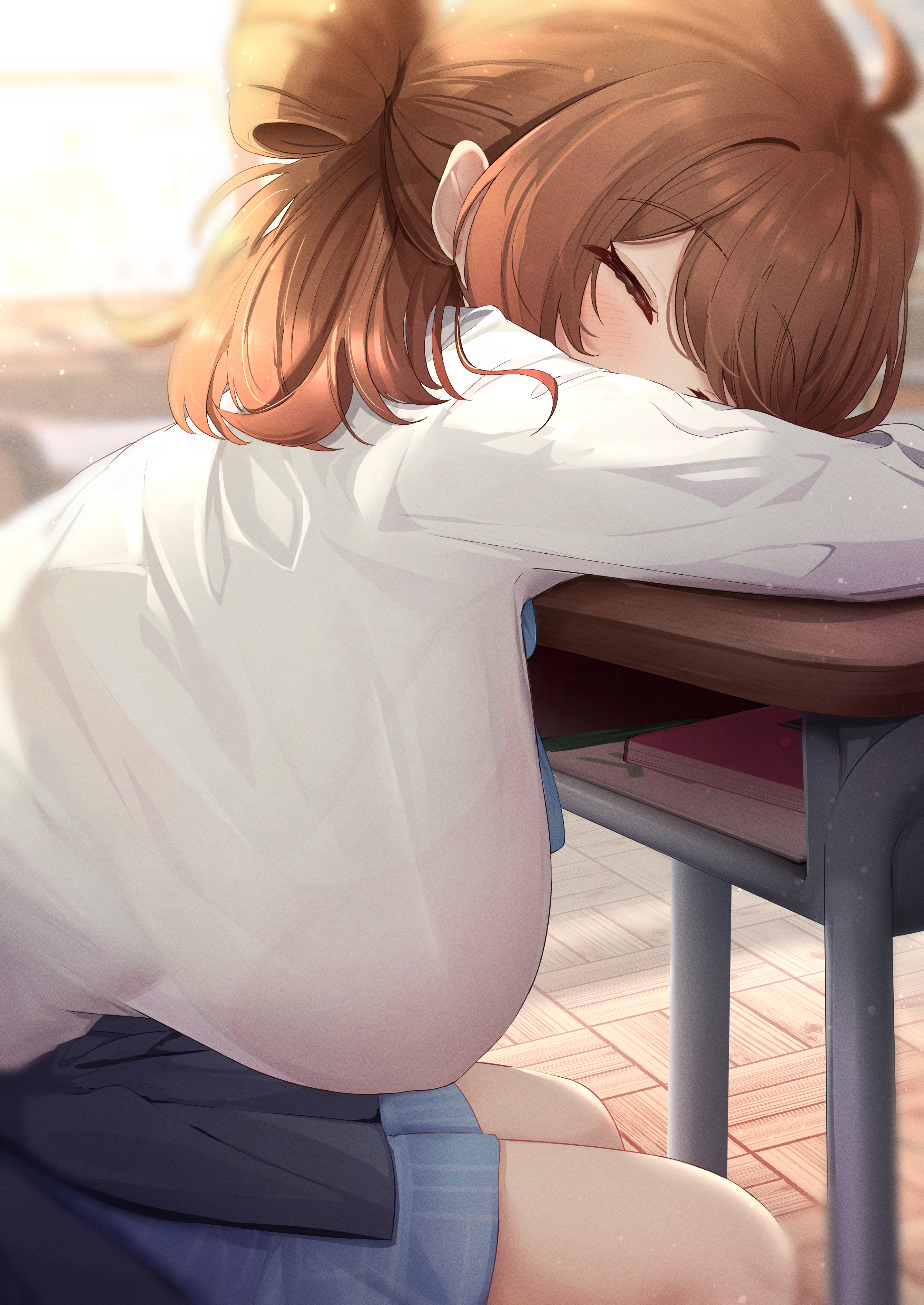 absurdres, arm pillow, blue ribbon, blurry, blurry background, bra, breasts, brown hair, classroom, closed eyes, commentary request, depth of field, desk, female, gakuen idolmaster, hair rings, hanami ume, highres, huge breasts, idolmaster, indoors, long sleeves, medium hair, neck ribbon, open clothes, open shirt, paid reward available, pink bra, ribbon, school desk, school uniform, shirt, sitting, skirt, sky cappuccino, sleeping, solo, underwear, white shirt, wooden floor