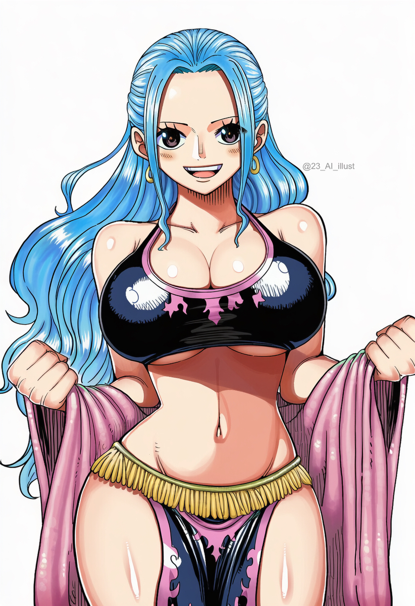1girls, 23 ai illust, accurate art style, ai generated, artist name, big ass, big breasts, bikini, blue hair, blue-haired female, blush, breasts, female, female only, gray eyes, large hips, linea alba, long hair, looking at viewer, manga style, nefertari vivi, one piece, poney tail, seductive, sexy, solo, white background