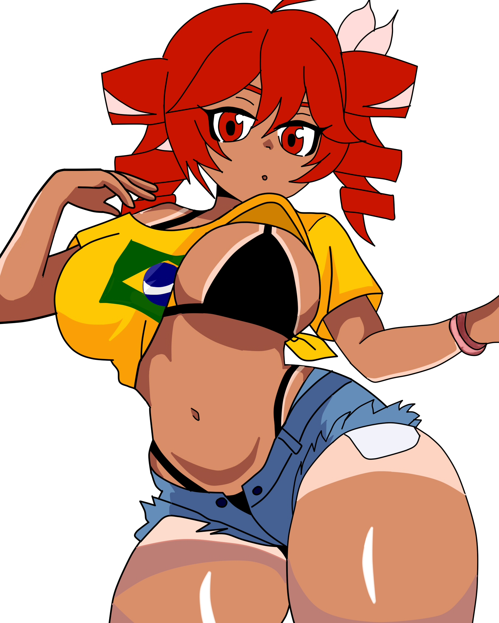 1girls, ahoge, alternate skin color, belly, big breasts, big thighs, bikini, bikini under clothes, brazilian, brazilian female, brazilian teto, breasts, carpantino912, crop top, curvaceous, curvy, curvy female, curvy figure, daisy dukes, dark-skinned female, denim shorts, female, female only, g-string, hair ornament, hairbow, hourglass figure, huge breasts, huge thighs, kasane teto, kasane teto (sv), large breasts, large thighs, navel, plump thighs, red eyes, red hair, shiny skin, shirt, short shorts, shorts, simple background, skindentation, slim waist, solo, solo female, synthesizer v, tanline, tanned, tanned skin, thick thighs, thighs, thong, twin drills, utau, voluptuous, voluptuous female, white background, wide hips