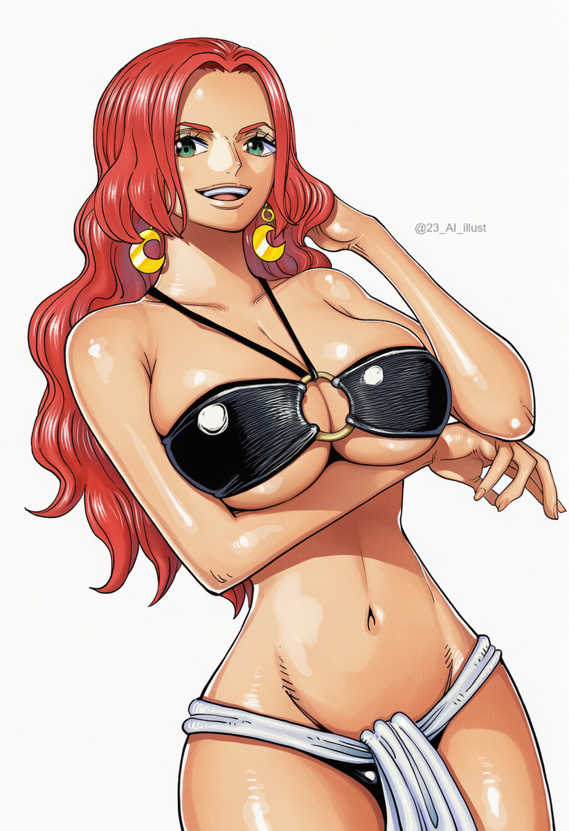 1girls, 23, accurate art style, ai generated, artist name, baccarat (one piece), big ass, big breasts, bikini, breasts, female, female only, green eyes, jewelry, large hips, linea alba, long hair, looking at viewer, manga style, one piece, one piece film gold, red hair, red-haired female, seductive, sexy, sfw