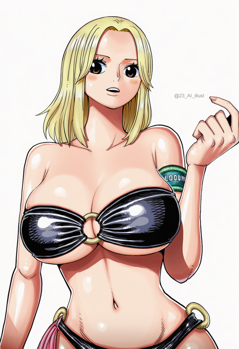 23 ai illust, ai generated, artist name, big ass, big breasts, bikini, blonde hair, blush, bob cut, breasts, brown eyes, female, female only, kaya (one piece), large hips, one piece, seductive, sexy