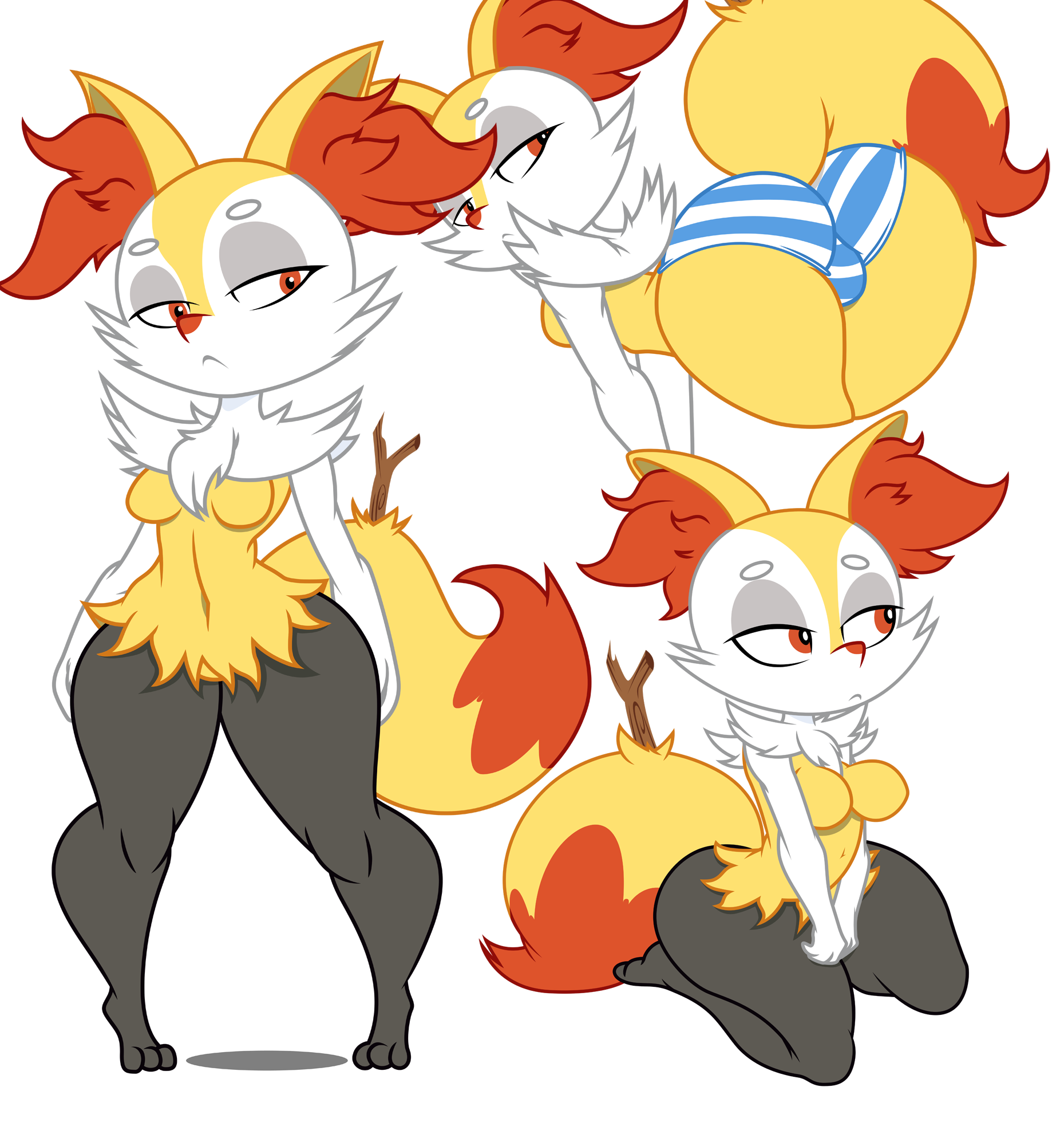 1girls, 3 toes, alpha channel, anthro, ass, belly, bent over, big ass, big ears, big tail, black fur, blue panties, braixen, breasts, clothing, eyelashes, featureless breasts, feet, female, female only, furry, half-closed eyes, hips, inner ear fluff, kneeling, looking away, looking back, navel, nintendo, no nipples, nude, orange fur, panties, paws, png, pokémon (species), pokemon, pokemon (species), pokemon xy, purple yoshi draws, red eyes, shimapan, shortstack, simple background, solo, standing, stick, striped panties, tail, thick thighs, thighs, thin waist, topless, transparent background, underwear, white fur, wide hips