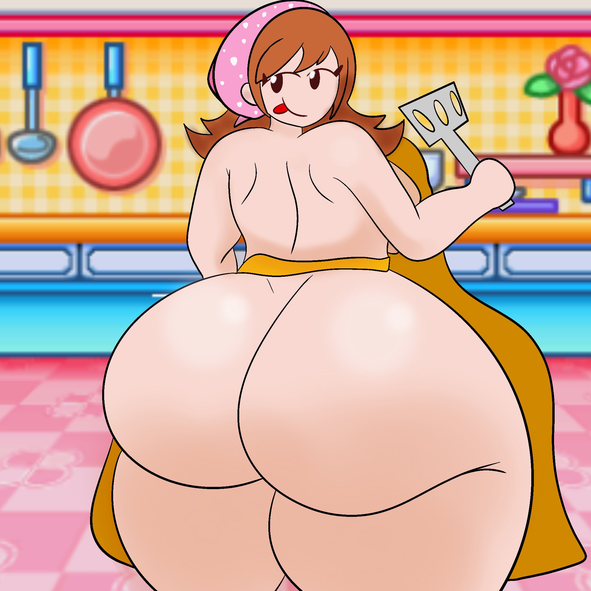 1girls, apron, ass, breasts, cooking mama, curvydoodles, female, huge ass, kitchen, mama (cooking mama), naked apron, nintendo, sketch, solo, spatula, thick ass, thick thighs, tongue, tongue out, yellow apron