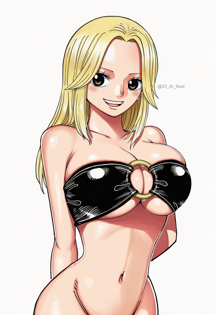 23 ai illust, ai generated, artist name, big ass, big breasts, bikini, bikini top, blonde hair, blush, bob cut, bottomless, breasts, brown eyes, female, female only, hands behind back, kaya (one piece), large hips, one piece, seductive, sexy