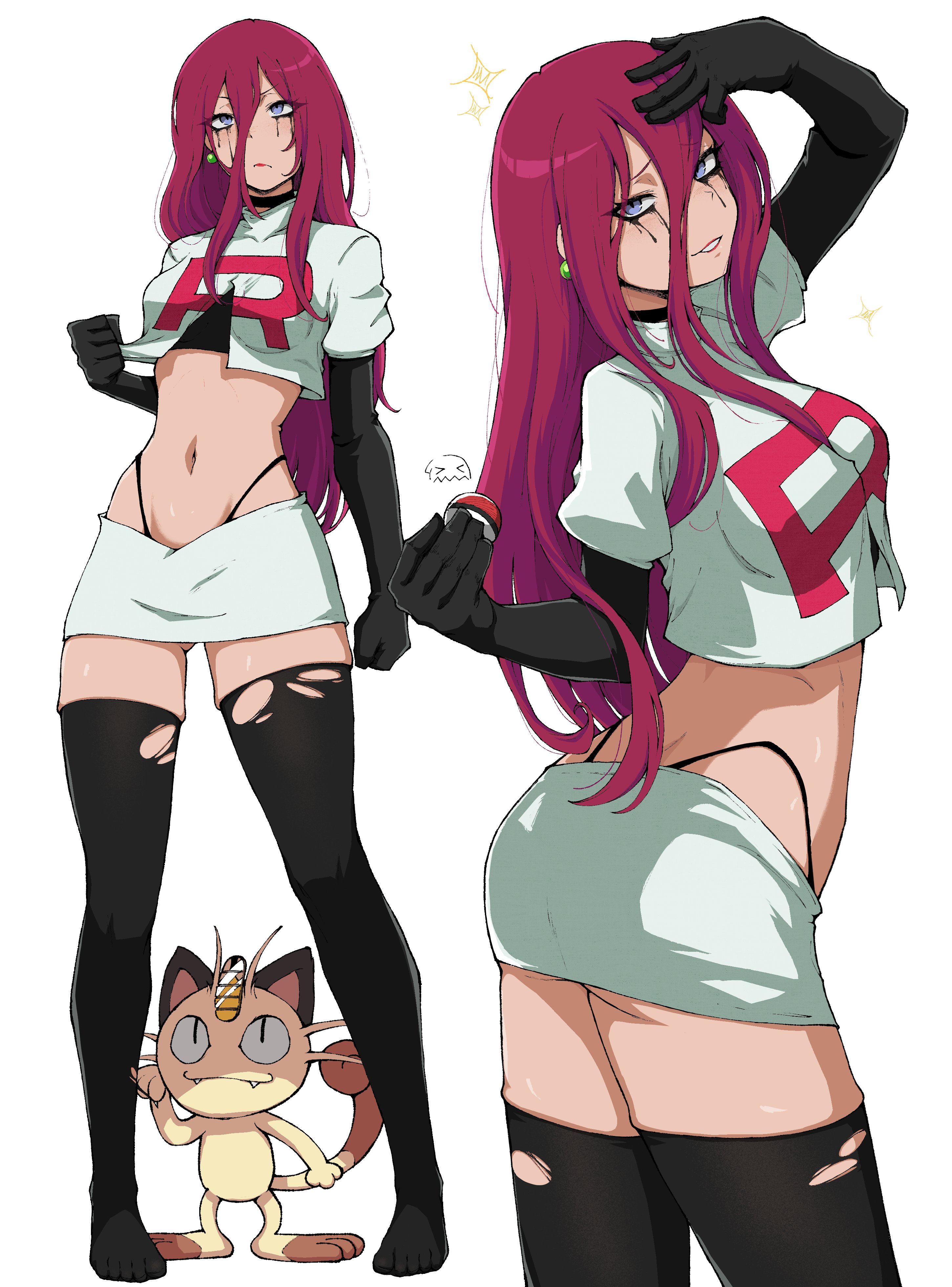 1girls, absurdres, arm up, black gloves, black thighhighs, blue eyes, commentary, crop top, earrings, elbow gloves, female, female only, frown, gen 1 pokemon, gloves, hair between eyes, hair down, highres, holding, jessie (pokemon), jewelry, kekel, long hair, makeup, meowth, miniskirt, multiple views, nintendo, panty straps, parted lips, pokemon, pokemon (anime), pokemon (classic anime), pokemon (creature), red lips, runny makeup, simple background, skindentation, skirt, sparkling eyes, sphere earrings, team rocket, team rocket uniform, thighhighs, thighs, torn clothes, torn thighhighs, white background, white skirt