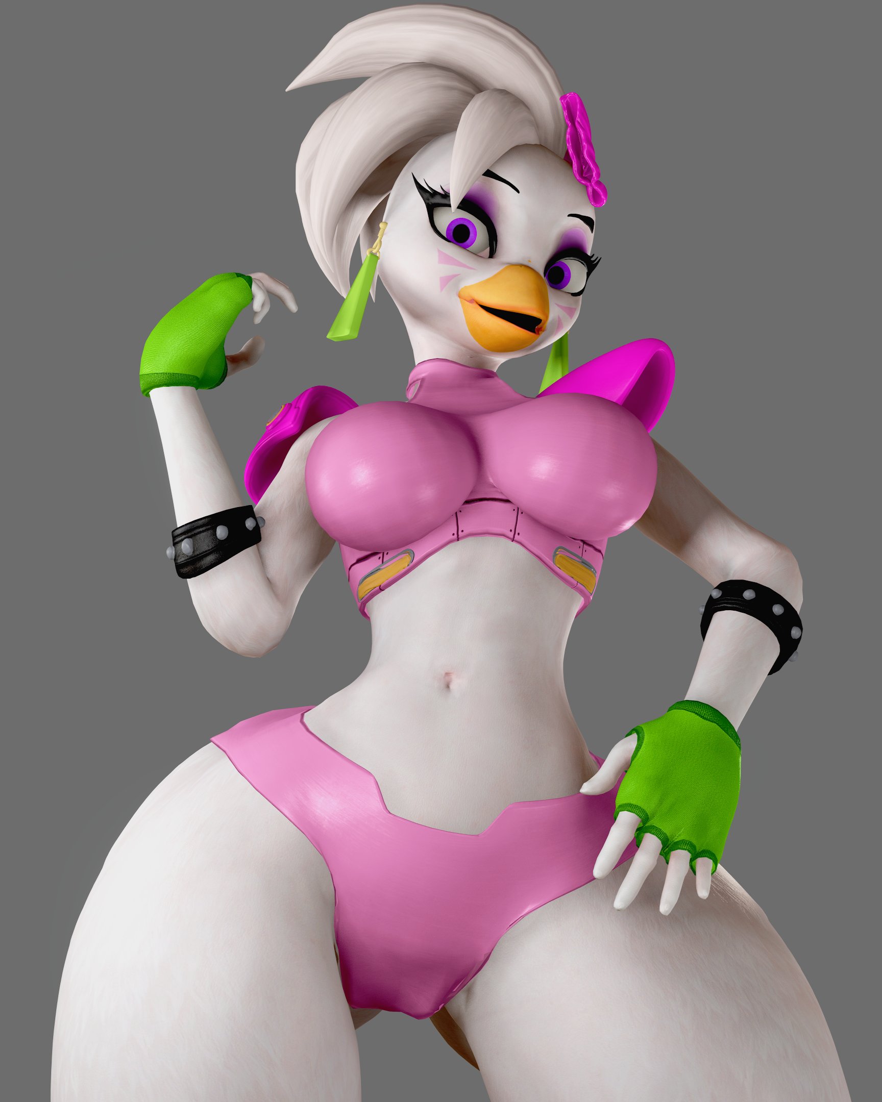 1girls, 3d, animatronic, anthro, chica (fnaf), female, five nights at freddy's, five nights at freddy's: security breach, glamrock chica (fnaf), looking at viewer, petrochenko007, solo, thick thighs