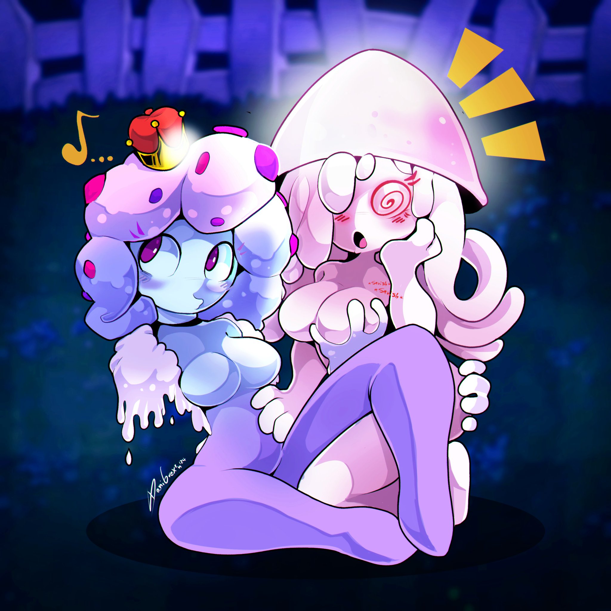 2girls, anthro, anthrofied, breast grab, breasts, crown, dgrex2n, duo, featureless breasts, female, female only, grabbing another's breast, grabbing breasts, hair tentacles, hat, hi res, hipnoseta, humanized, hypno-shroom (pvz), large breasts, looking aside, mushroom girl, mushroom humanoid, pink body, pink skin, plant girl, plants vs zombies, purple body, purple eyes, purple skin, two-tone body, two-tone skin, white body, white skin, yuri