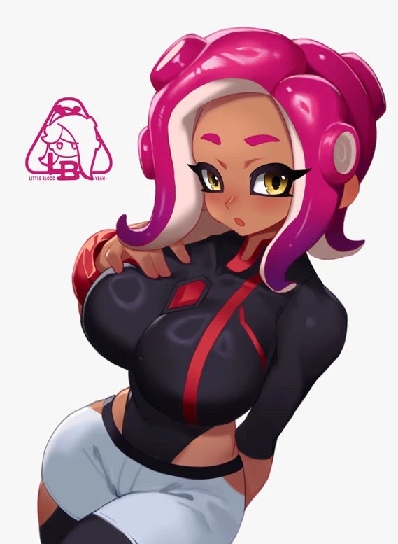 agent 8 (splatoon), big breasts, breasts, clothing, female, fully clothed, hand on breast, little blood, looking at viewer, octoling, octoling girl, short shorts, splatoon, splatoon (series), tight clothing, wide hips