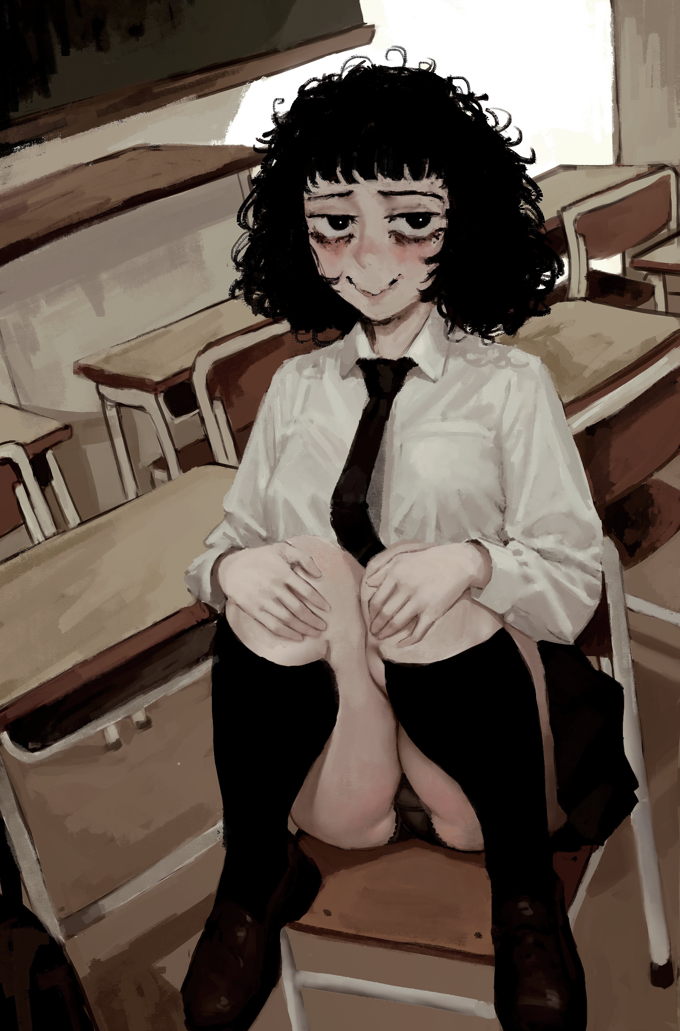 1girls, absurd res, bangs, black eyes, black hair, button down shirt, casato, classroom, curly hair, ellie (casato), female, horny, horny female, knees up, long sleeves, looking at viewer, original character, pale skin, panties, school uniform, schoolgirl, shirt, short hair, skirt, smile, solo, tie, white shirt