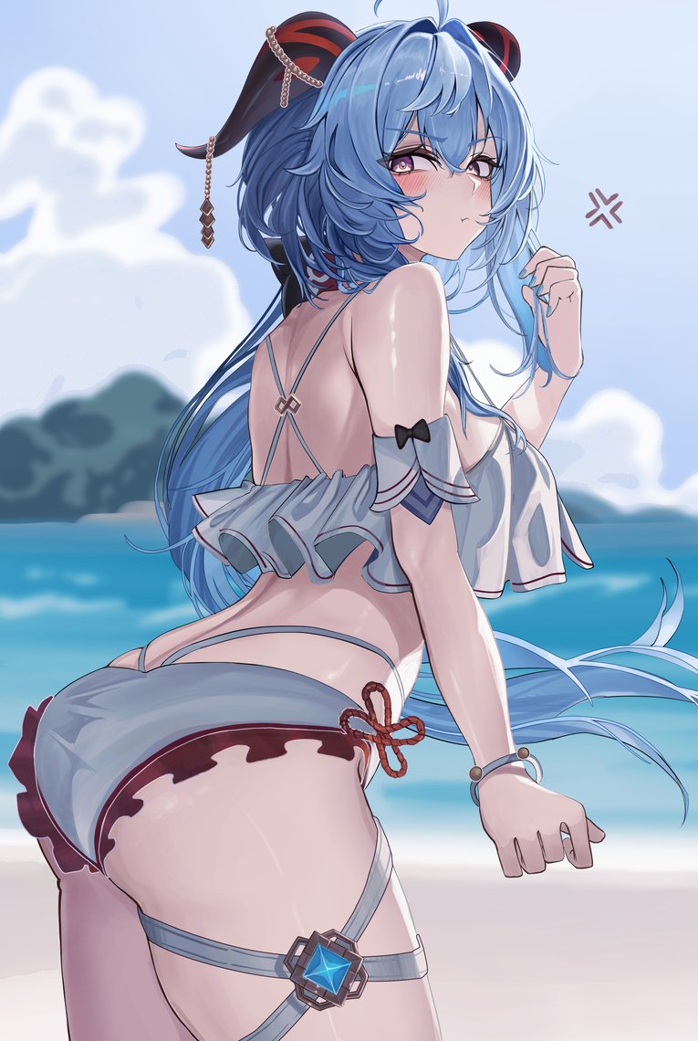 1girls, ass, ass focus, beach, blue hair, breasts, female, ganyu (genshin impact), genshin impact, goat horns, gurei (streaper42846), horn jewelry, horns, hoyoverse, leg jewelry, mihoyo, multicolored eyes, sideboob, swimsuit, white swimsuit