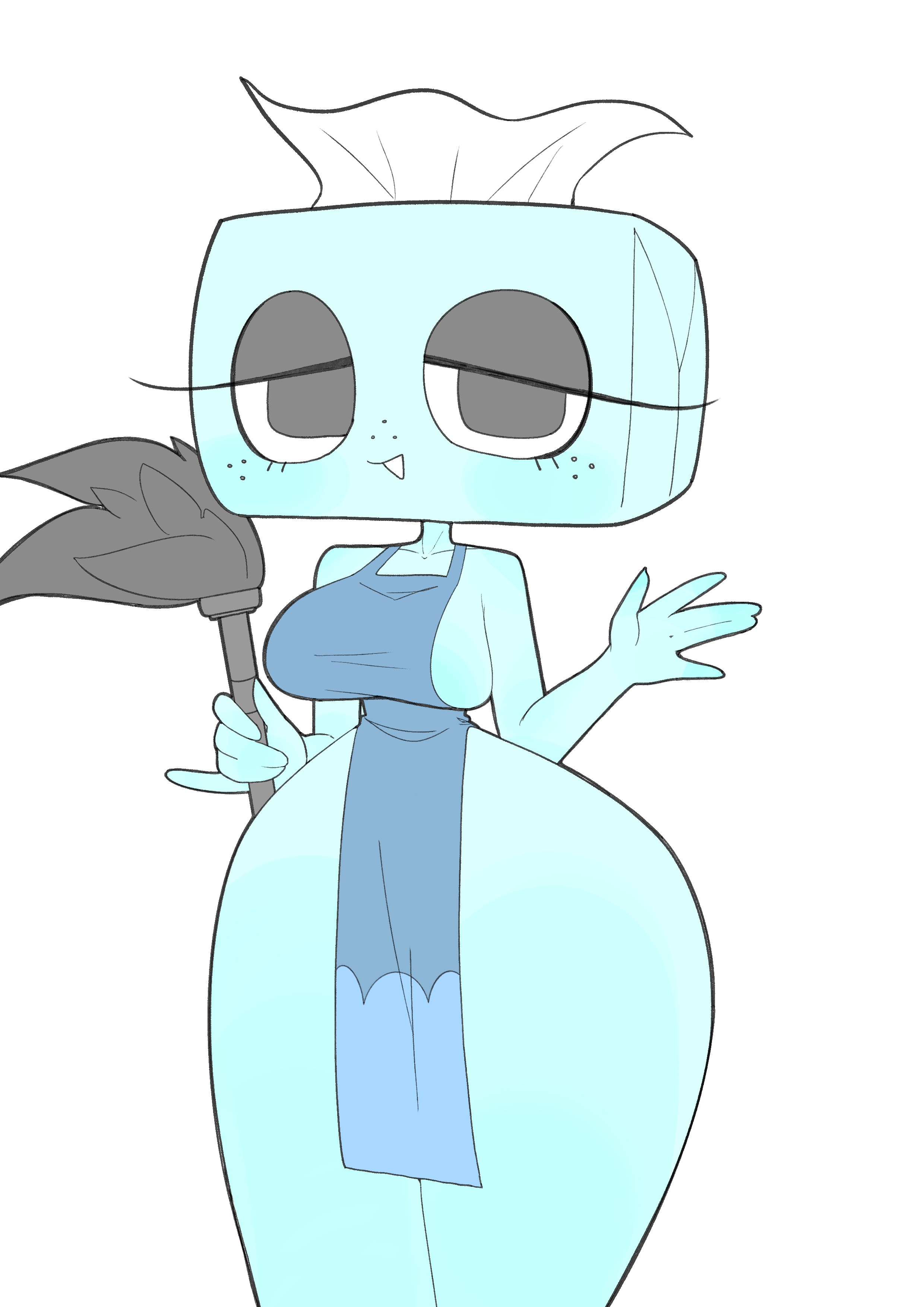 1girls, animate inanimate, apron, apron only, big breasts, blush, breasts, cleaning tool, dandy's world, duster, female, freckles, grey eyes, half-closed eyes, hourglass figure, hss dada, light blue skin, looking at viewer, open mouth, roblox, sideboob, small waist, smile, tagme, thick thighs, tisha (dandy's world), tissue, tissue box, white background