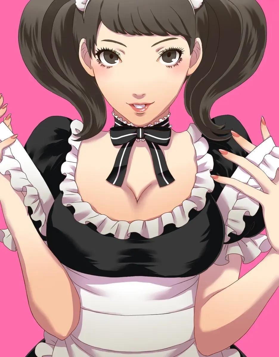 1girls, atlus, becky (persona), blush, brown eyes, brown hair, catherine (game), cleavage, female, female only, lipstick, maid, maid uniform, persona, persona 5, pink background, ribbon choker, sadayo kawakami, seductive look, shin megami tensei, twintails, uniform