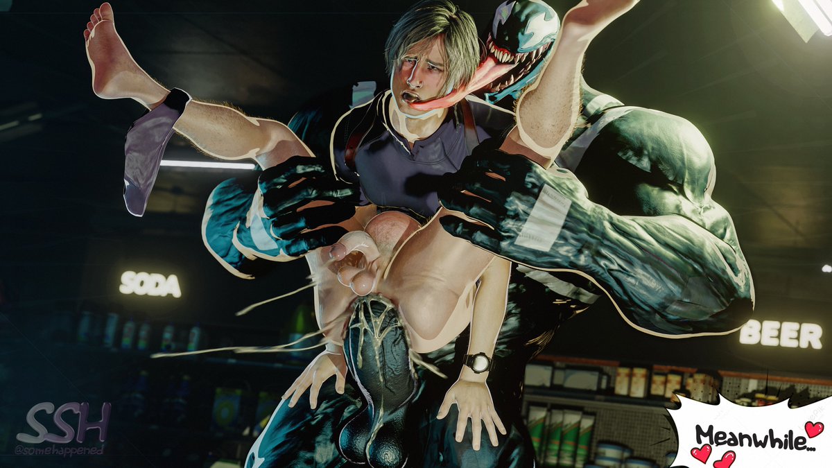 3d, anal, anal sex, crossover, cum, cum in ass, cum inside, cumming, cumming from anal sex, cumming in ass, cumming inside, cumming while penetrating, gay, leon scott kennedy, long tongue, male, marvel, marvel comics, marvel rivals, muscular, muscular male, penis, penis in ass, resident evil, size difference, somehappened, standing sex, symbiote, venom, venom (marvel rivals), venom (marvel), white eyes