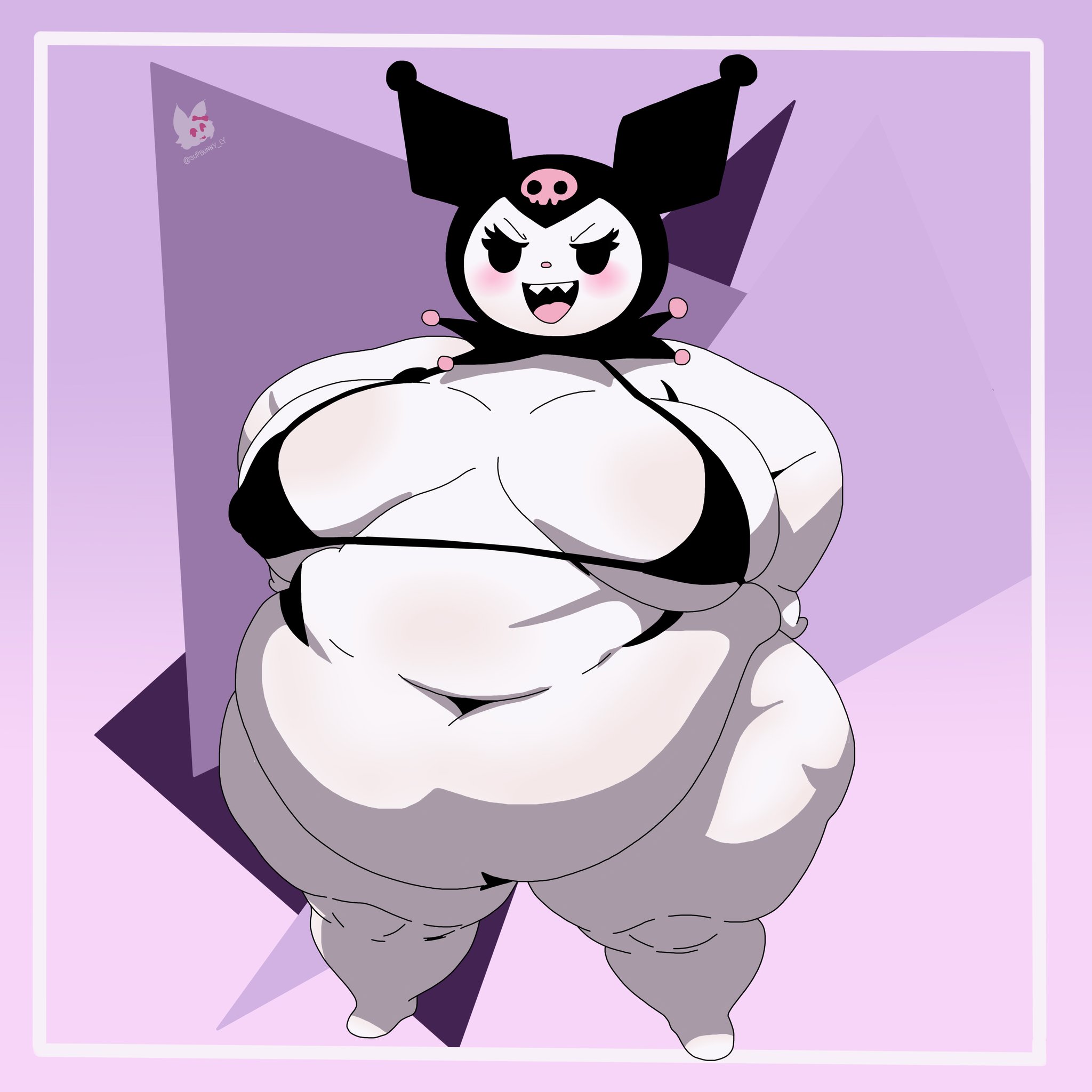 1girls, anthro, artist signature, bbw, belly, belly overhang, big belly, bikini, blush, breasts, breasts bigger than head, bunny girl, dot eyes, dot nose, eyelashes, fat, fat belly, fat female, fat legs, fat thighs, female, female only, furry, geometric background, hands on hips, hello kitty (series), jester hat, kuromi, lagomorph, love handles, midriff, navel, nipple bulge, obese, obese female, onegai my melody, open mouth, overweight, overweight female, sagging breasts, sanrio, segmented stomach, sharp teeth, skinny face, supbunny ly, thick thighs, thunder thighs, voluptuous, white body, white fur, yapbunny