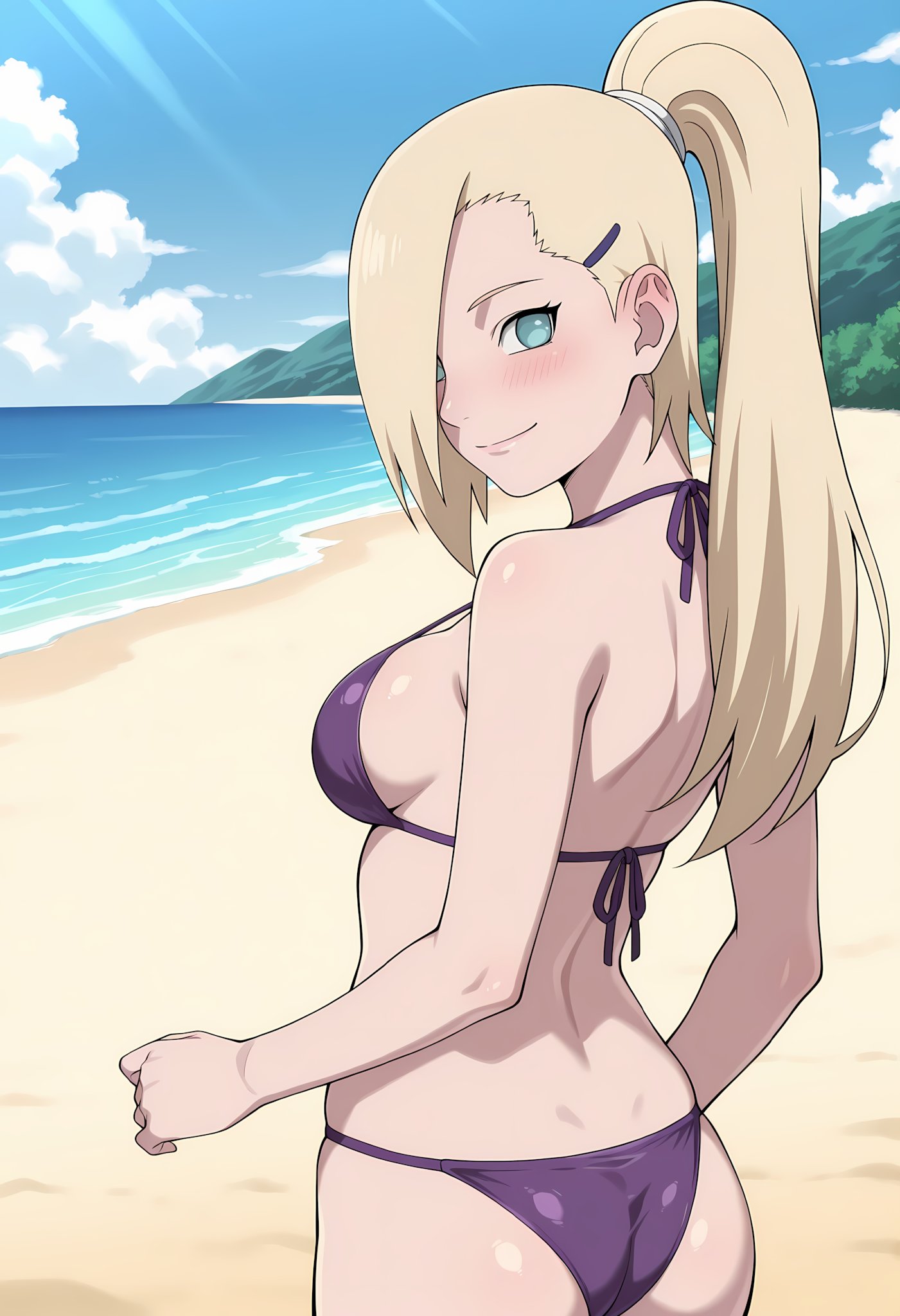 1girls, ai generated, ass, beach, bikini, bikini bottom, bikini top, blonde female, blonde hair, blue eyes, blush, blush lines, boruto: naruto next generations, breasts, cameltoe, curvy, curvy female, curvy figure, eyelashes, female, female only, from behind, from below, hair, hair ornament, hair over one eye, ino yamanaka, light blue eyes, light skin, light-skinned female, looking at viewer, mature, mature female, medium breasts, midriff, milf, narugirlshot, naruto, naruto (series), navel, ocean, outdoors, paipan, pale skin, pale-skinned female, pinup, ponytail, presenting ass, purple bikini, pussy, rear view, sea, seaside, solo, swimsuit, thick thighs, thigh gap, thighs, toned, toned female, very long hair, white skin