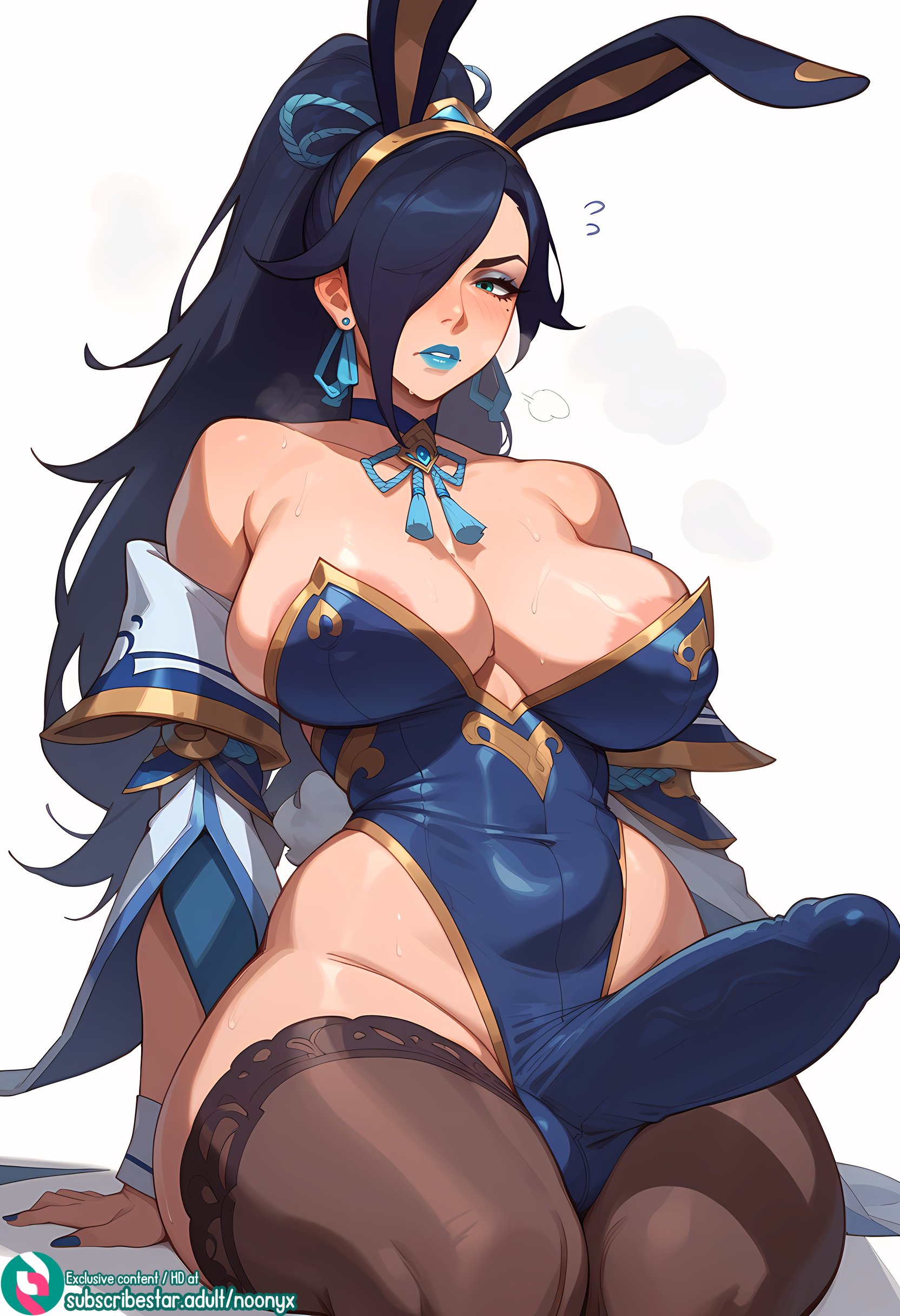 1futa, 2025, ai generated, areola slip, areolae, balls, big balls, big breasts, big penis, blue hair, breasts, bulge, bulge through clothing, bulge under clothes, child bearing hips, earrings, futa only, futanari, hair ornament, huge breasts, huge cock, hung futa, intersex, league of legends, looking at viewer, miss fortune, musk, musk clouds, nipple bulge, noonyx, penis, porcelain miss fortune, sweat, sweatdrop, sweating, sweaty, thick thighs, veiny penis