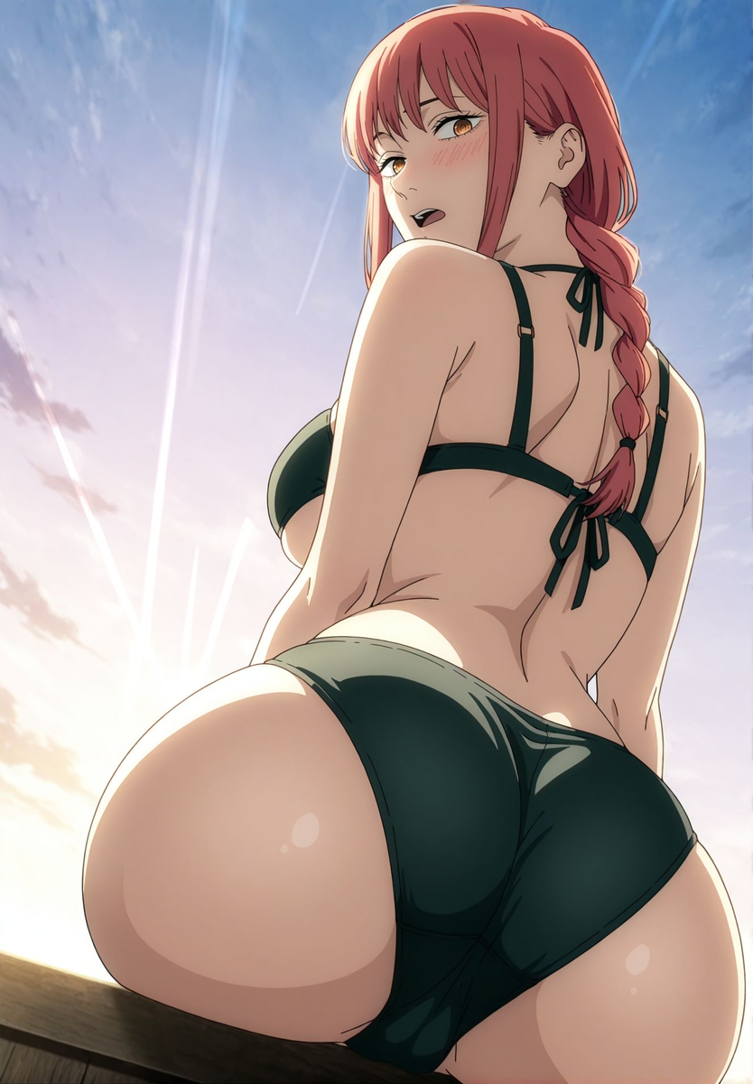 ai generated, ass, back view, big ass, big breasts, big butt, big thighs, bikini, blush, breasts, chainsaw man, close-up, clouds, female, large hips, looking at viewer, looking back, looking down, makima (chainsaw man), orange eyes, outside, red hair, seductive, sexy, sitting, sky, view from below, yashin