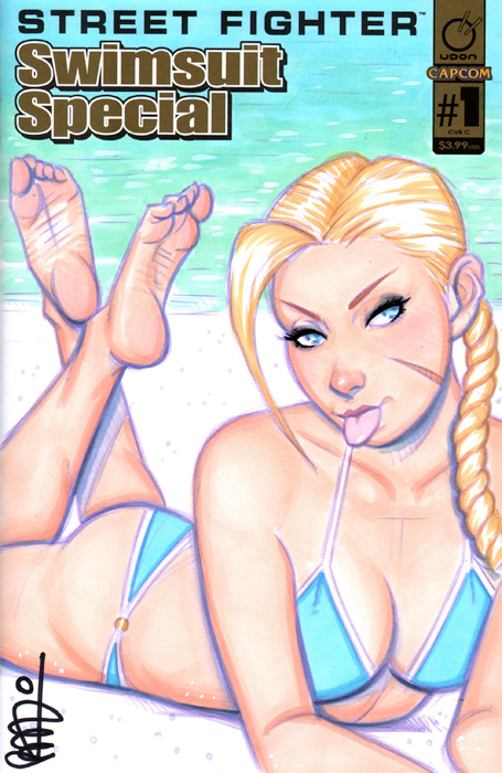 ass barefoot beach bikini blonde_hair blue_bikini blue_eyes braid breasts cammy_white capcom cleavage collarbone english_text eyeliner facial_scar feet female female_only human legs_up lying magazine_cover medium_breasts on_stomach scar scott_blair seaside soles solo street_fighter text toe_scrunch toes tongue tongue_out