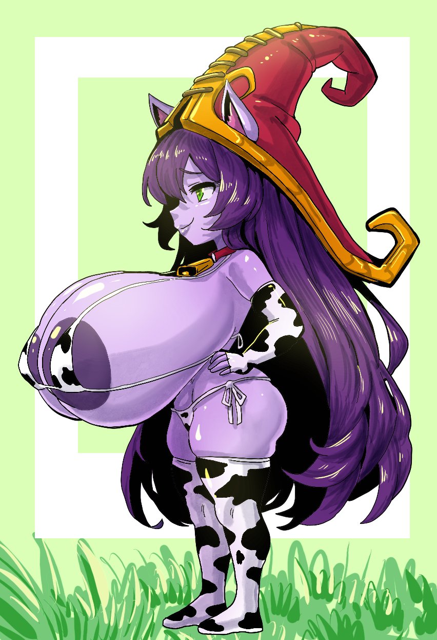 1girls, aerolae, bell collar, big breasts, bikini, breasts, cow print, cow print bikini, cow print thighhighs, female, green eyes, huge breasts, league of legends, lulu the fae sorceress, massive breasts, micro bikini, purple hair, purple skin, shortstack, smug, smug face, straight hair, string bikini, tank top, tanukisan9997, thick thighs, thighs, yordle
