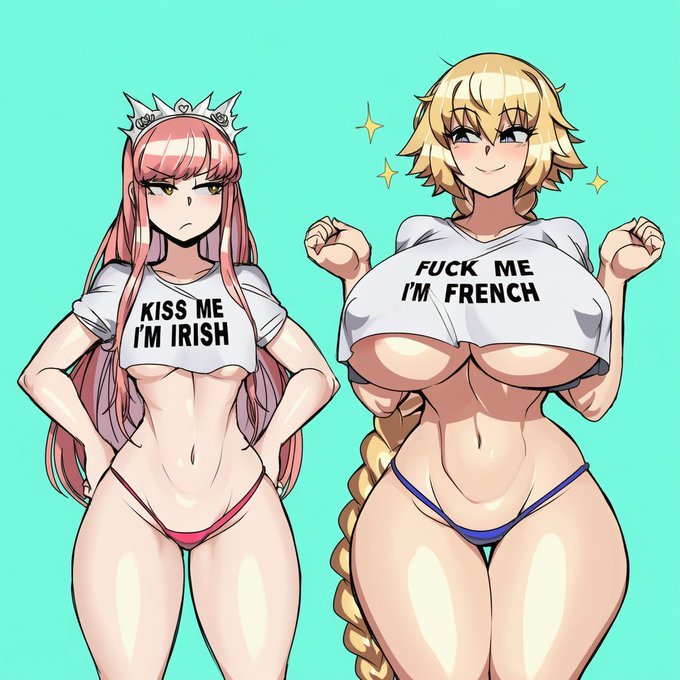 2girls, blonde female, blonde hair, breasts, captain kirb, clothing, covered nipples, duo, fate (series), fate/grand order, female, female only, huge breasts, jeanne d'arc (fate), light skin, light-skinned female, medb (fate), medium breasts, meme, multiple females, multiple girls, narrow waist, nipple bulge, pink hair, tagme, thick thighs, underboob, wide hips