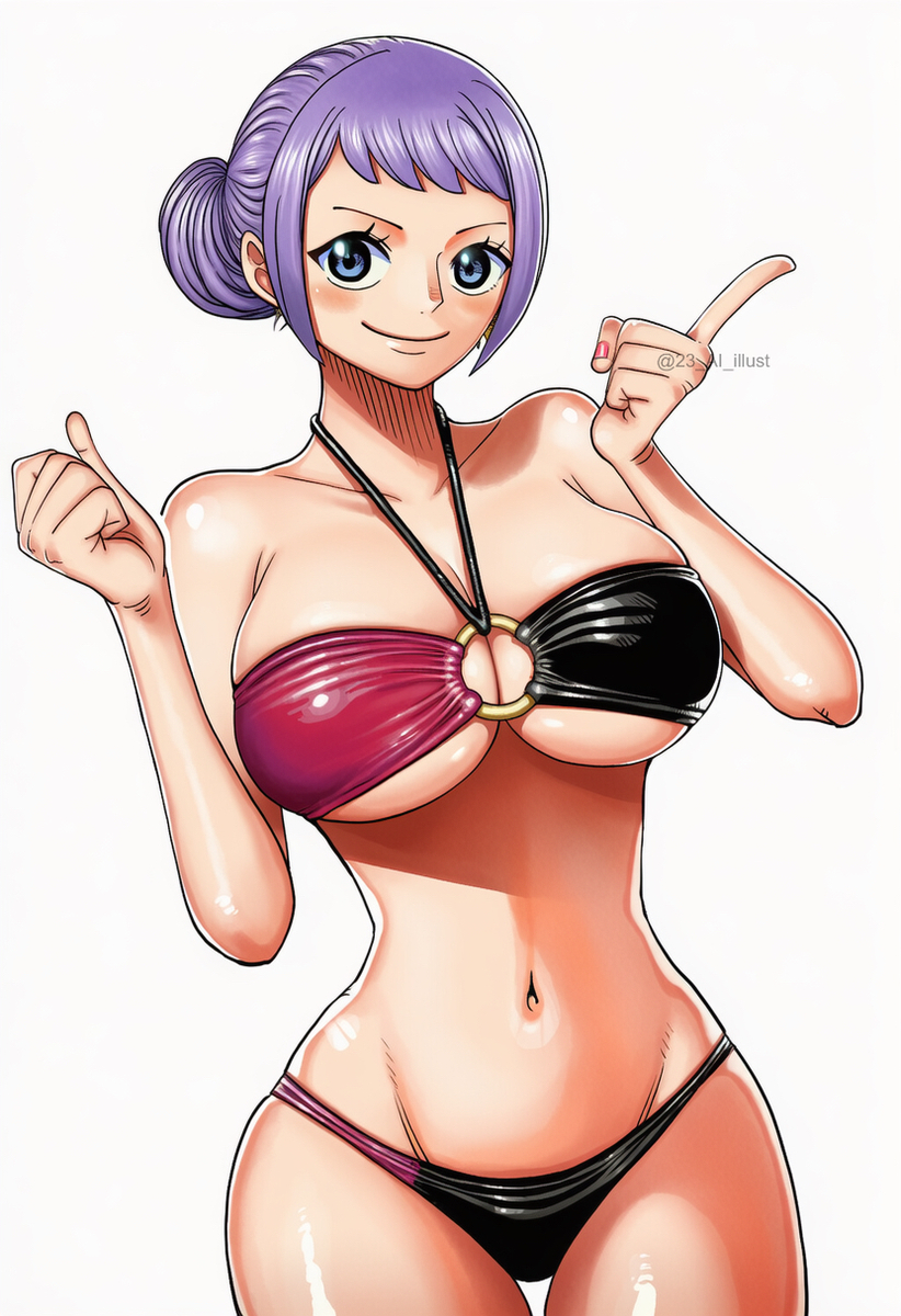 23 ai illust, ai generated, artist name, big ass, big breasts, big thighs, bikini, blue eyes, breasts, carina (one piece), female, female only, front view, jewelry, large hips, looking at viewer, one piece, one piece film gold, purpule hair, seductive, sexy, tied hair